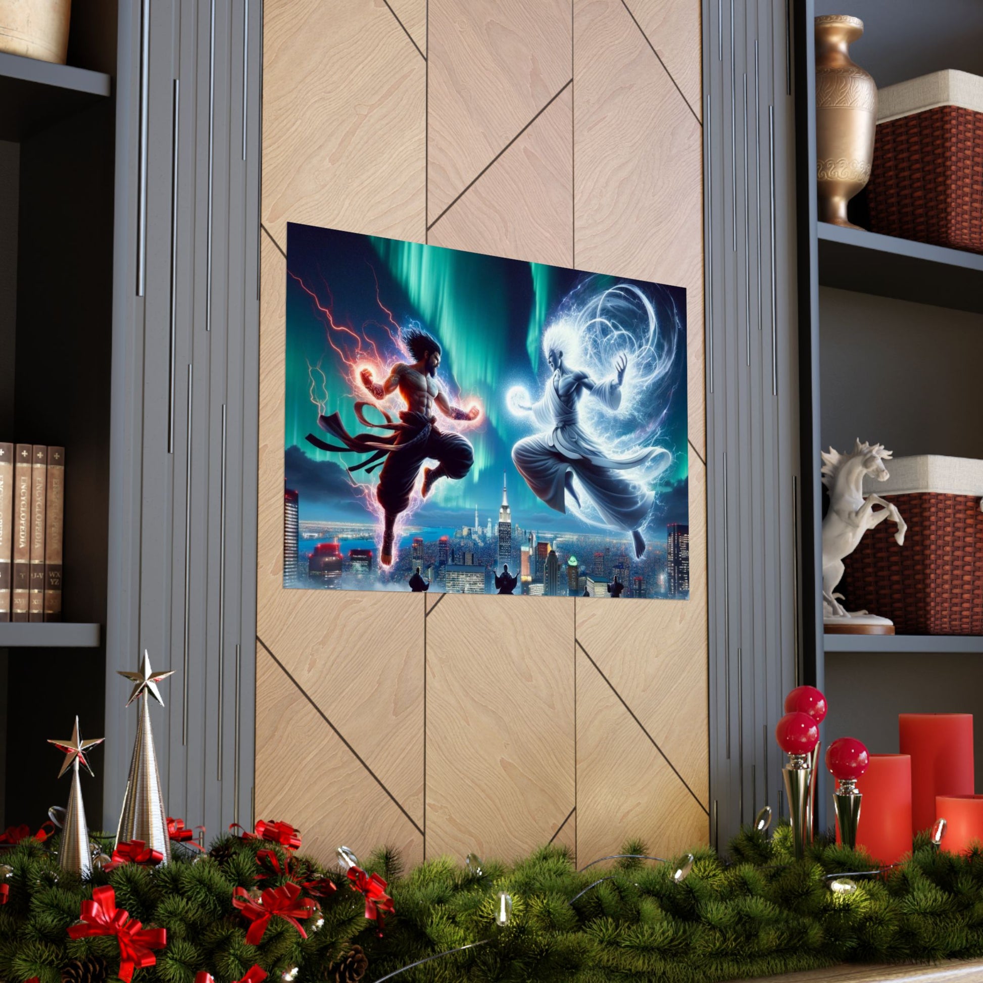 Yin Yang Spiritual Wall Art placed between two shelves, blending mindfulness and aesthetics in a modern home setting.