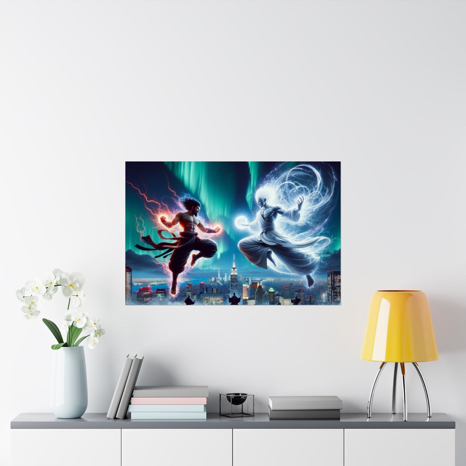 Yin Yang Spiritual Wall Art Poster above a desk, promoting focus, mindfulness, and a balanced workspace energy.