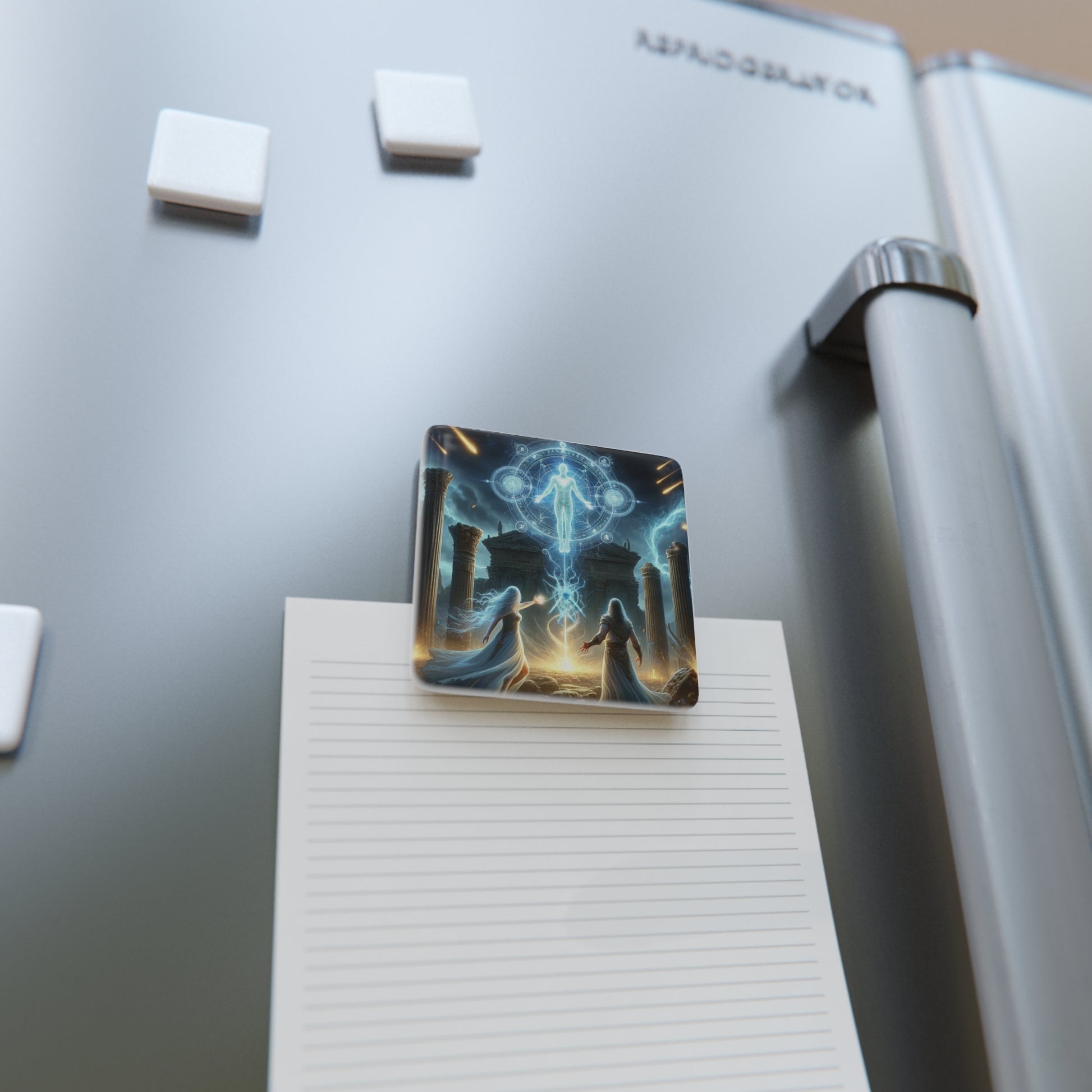 The Arrival Magnet on a refrigerator holding a note, combining artistic beauty with everyday functionality.