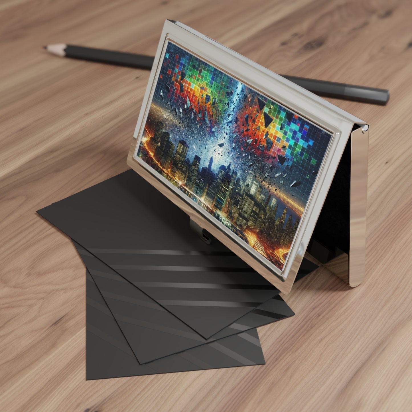 Breaking Barriers Business Card Holder displayed open on a desk, adding a professional and stylish touch to office decor.