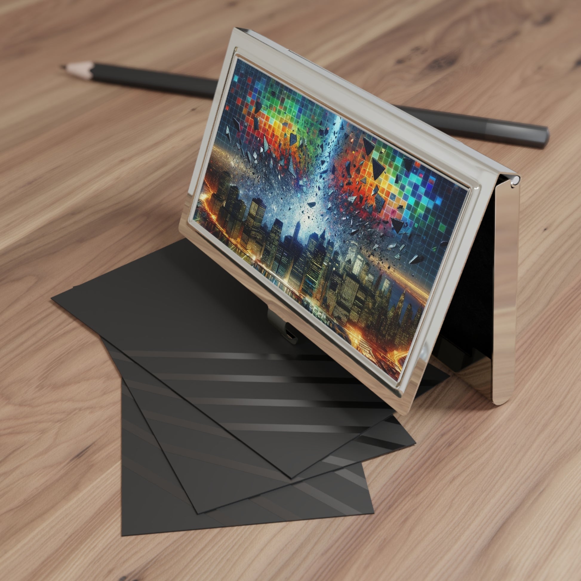 Breaking Barriers Business Card Holder displayed open on a desk, adding a professional and stylish touch to office decor.