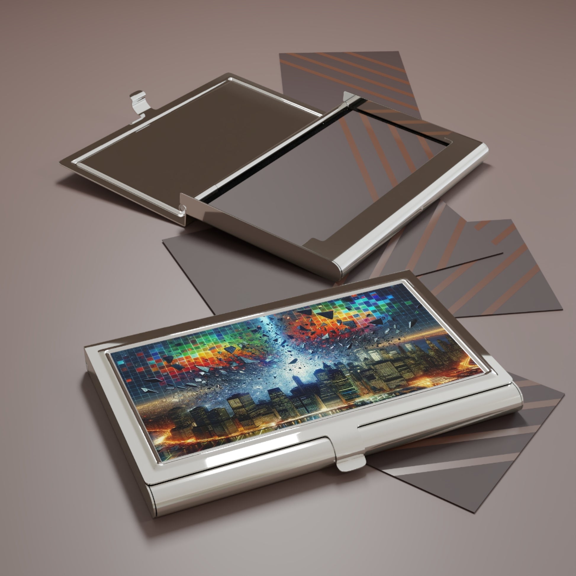 Breaking Barriers Business Card Holder open and closed, securely holding business cards for easy access and organization.