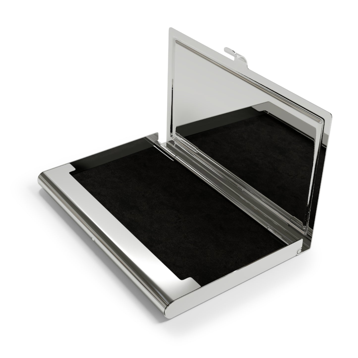 Breaking Barriers Business Card Holder opened to reveal its smooth metal interior, designed for sleek and secure card storage.