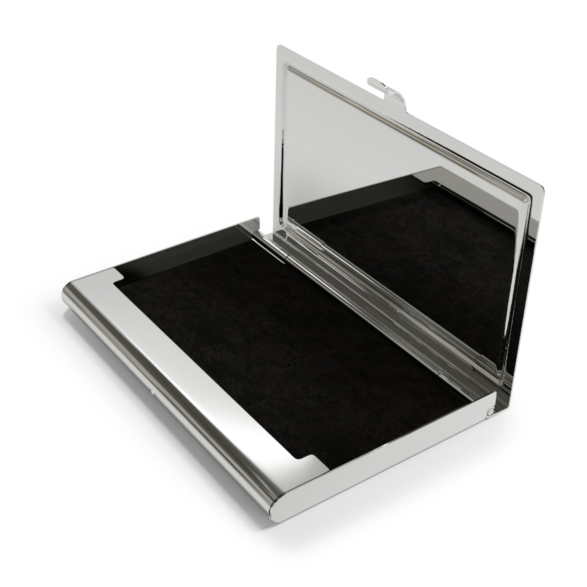 Breaking Barriers Business Card Holder opened to reveal its smooth metal interior, designed for sleek and secure card storage.