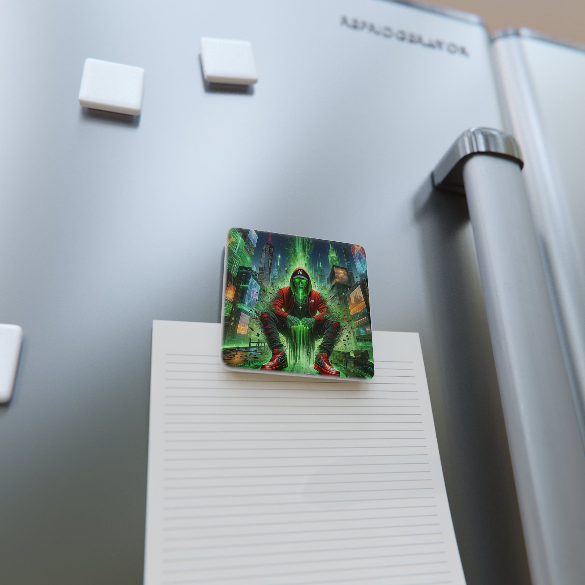 The Breakthrough Magnet securing a note on a refrigerator, combining function and artistic design.