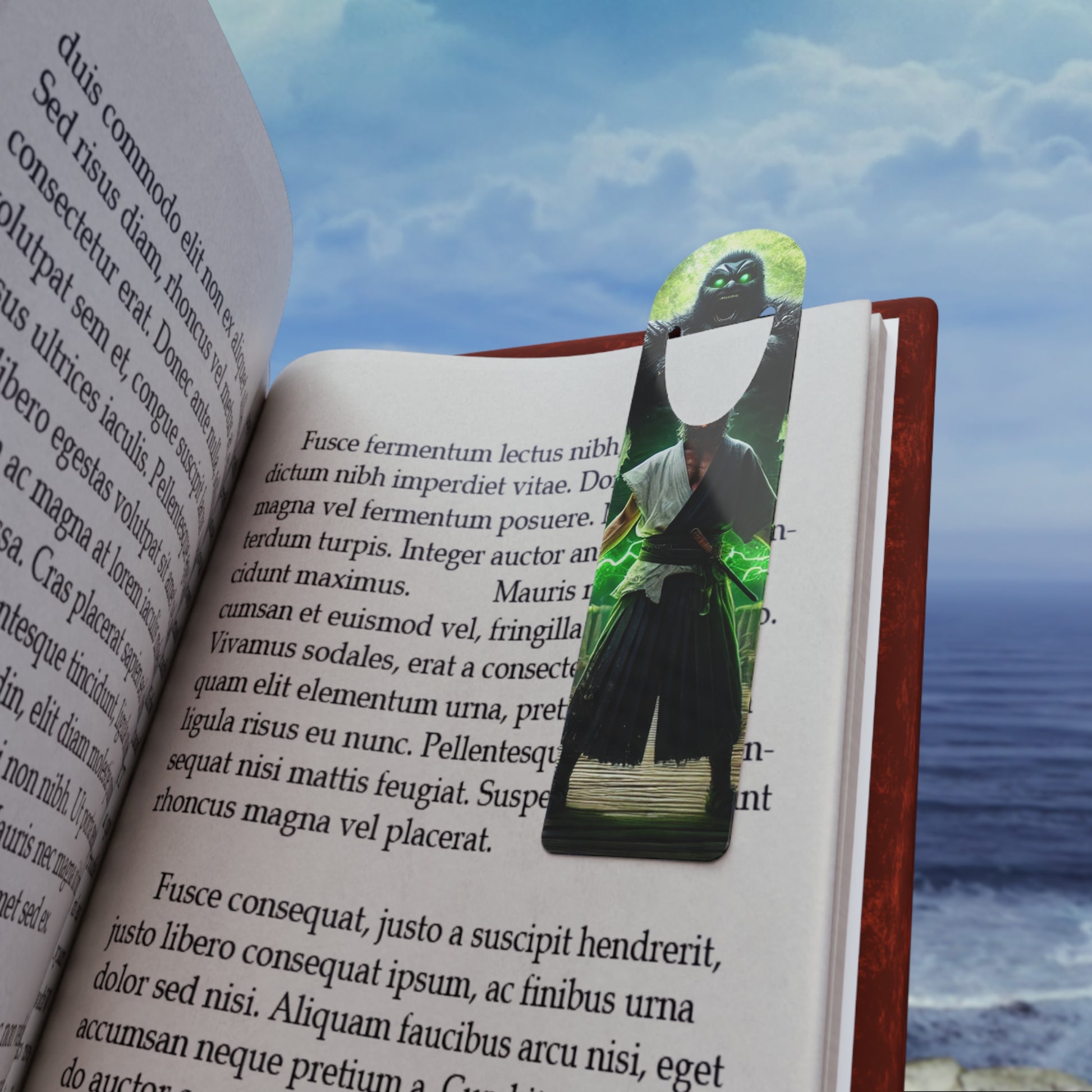 Bridge of Destiny Bookmark resting on an open book page, marking a reader’s place with style.