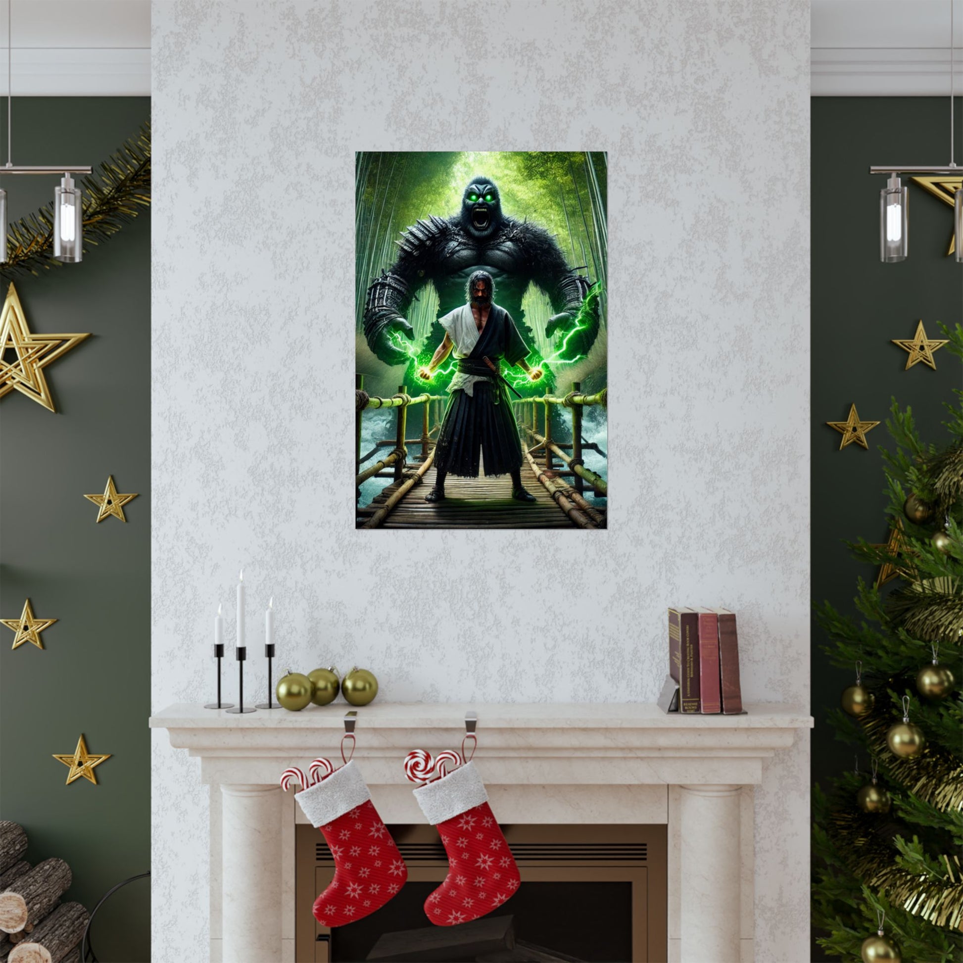 The Bridge of Destiny Poster positioned above a fireplace, adding a mystical and adventurous ambiance to the room.