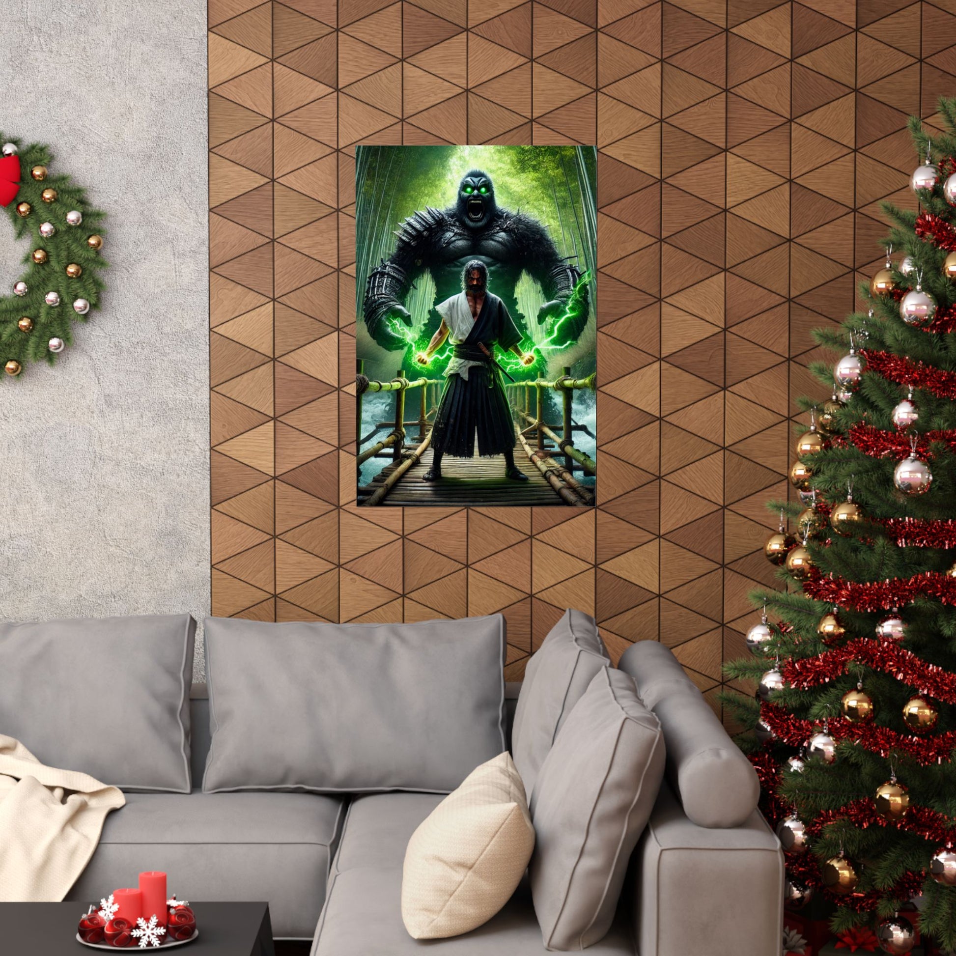 The Bridge of Destiny Poster displayed above a couch, adding an epic fantasy touch to modern living room decor.