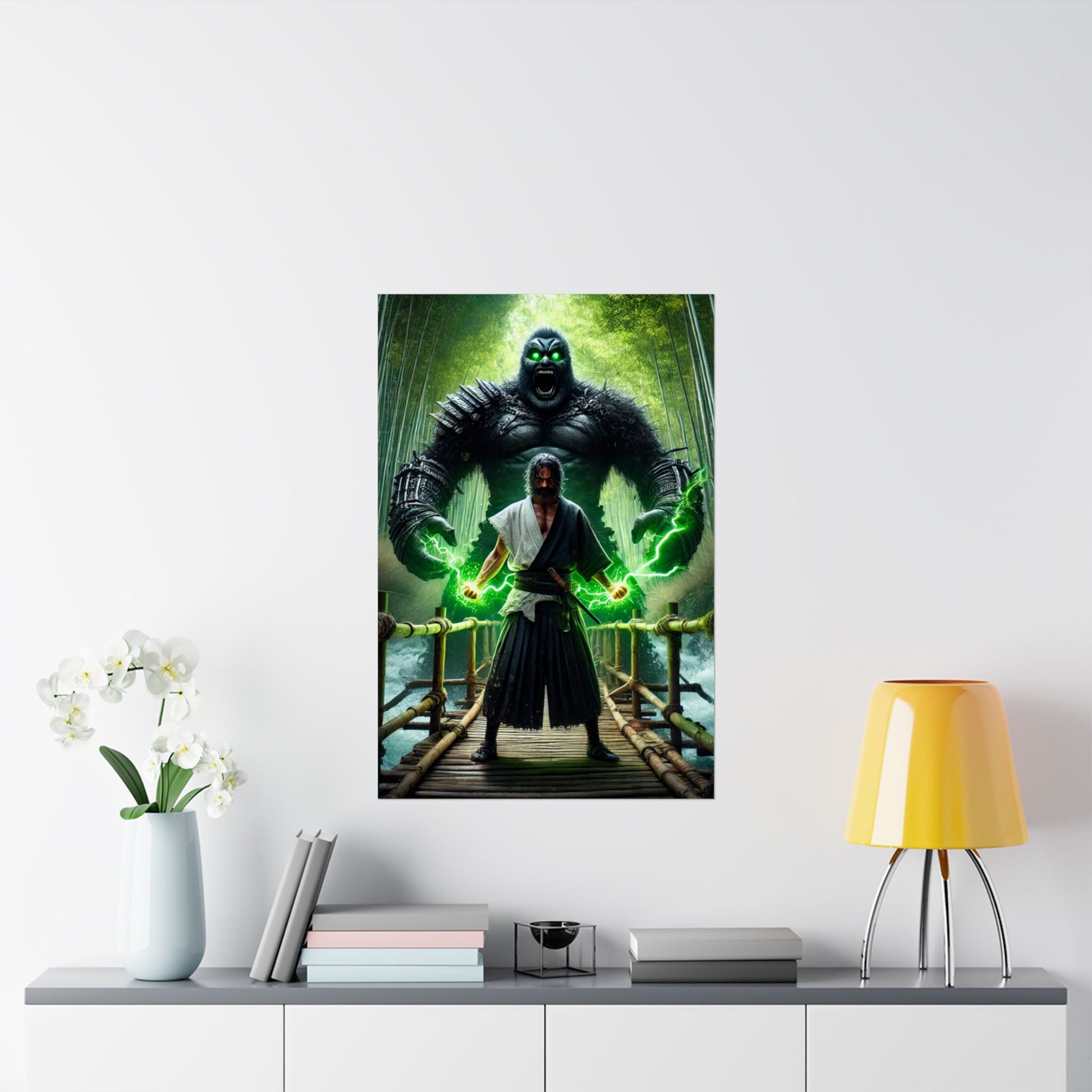 The Bridge of Destiny Poster above a desk, inspiring focus, ambition, and reflection in a stylish home office setup.