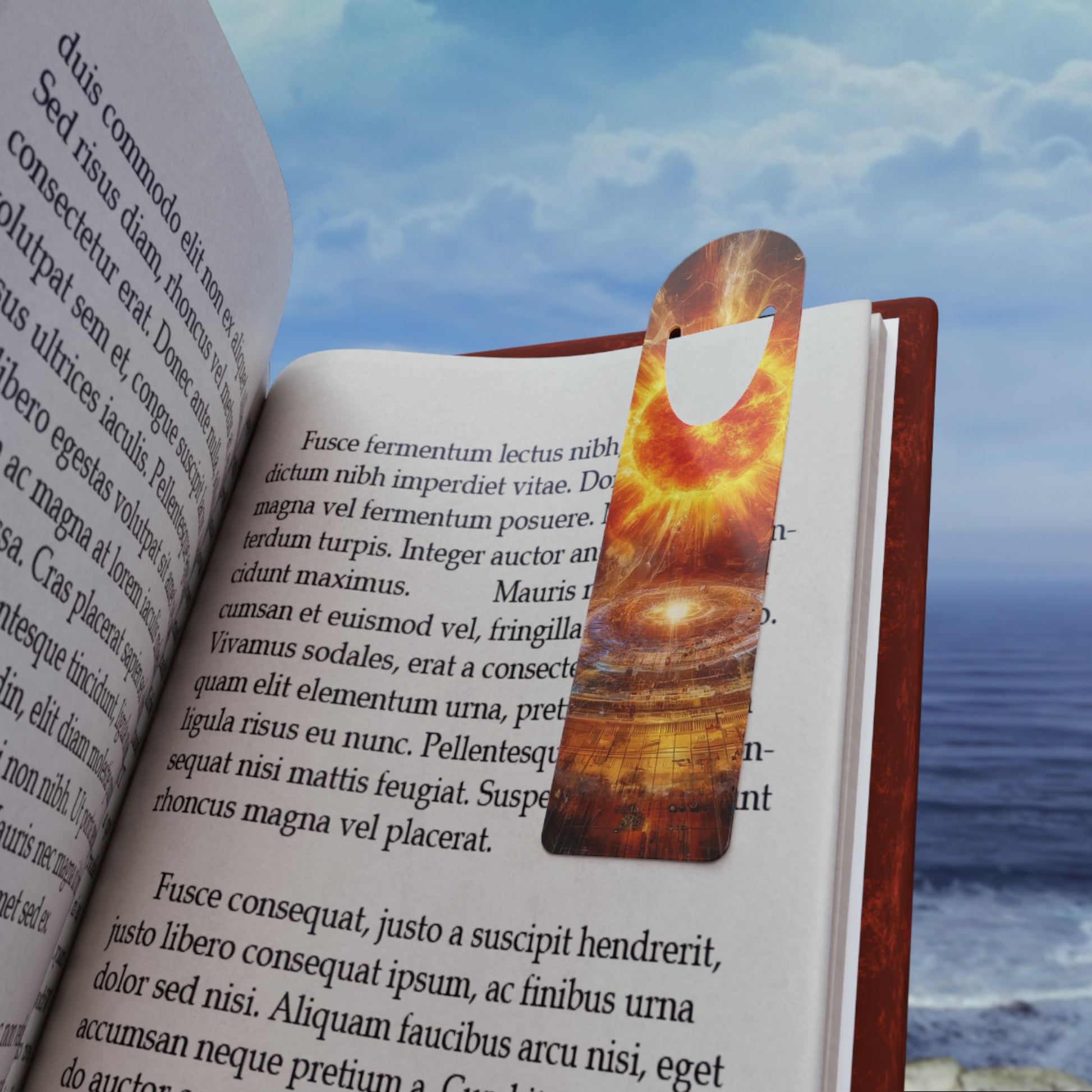 Caged Sun Bookmark placed inside a book, marking a page with its stylish and artistic design.