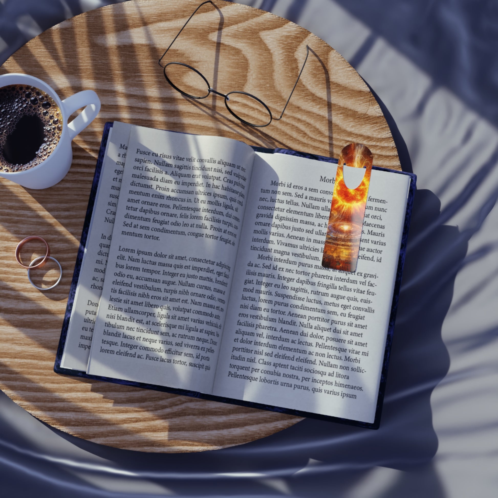 Caged Sun Bookmark resting on a book atop a desk, a perfect blend of style and function for readers.