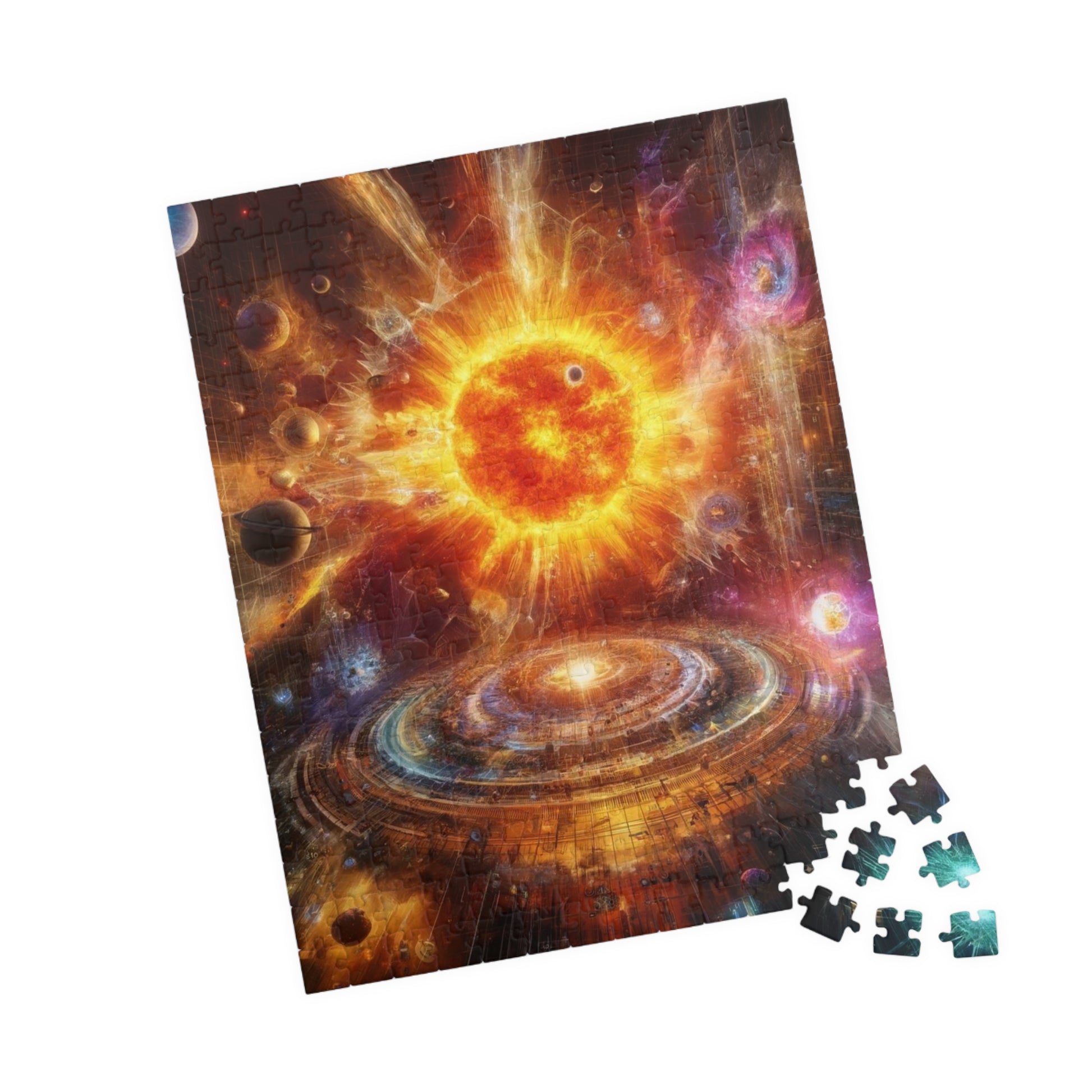 The Caged Sun Jigsaw Puzzle nearly completed, with loose pieces at the bottom, perfect for puzzle lovers.