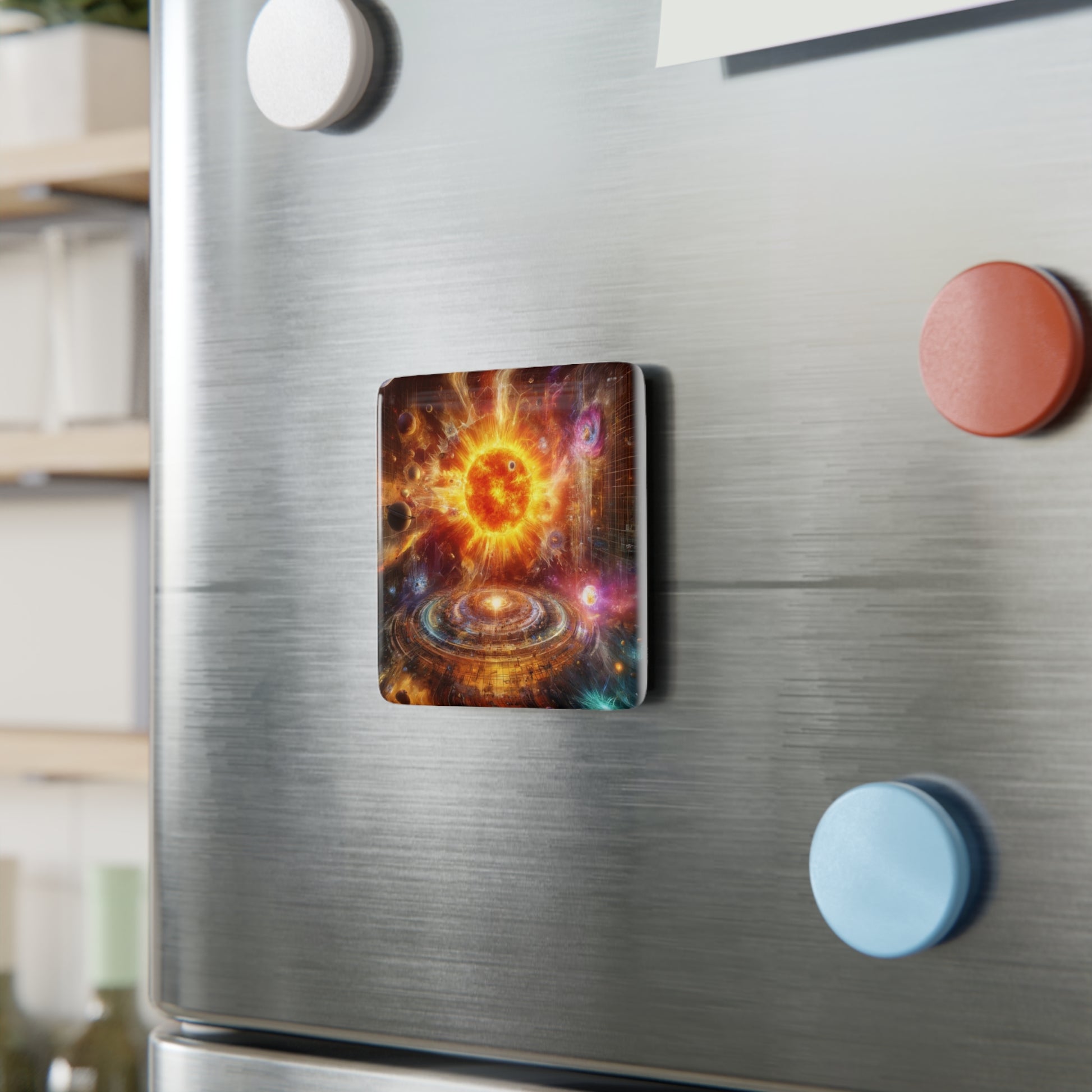 The Caged Sun Magnet displayed on a metallic surface, adding unique and artistic decor to any space.
