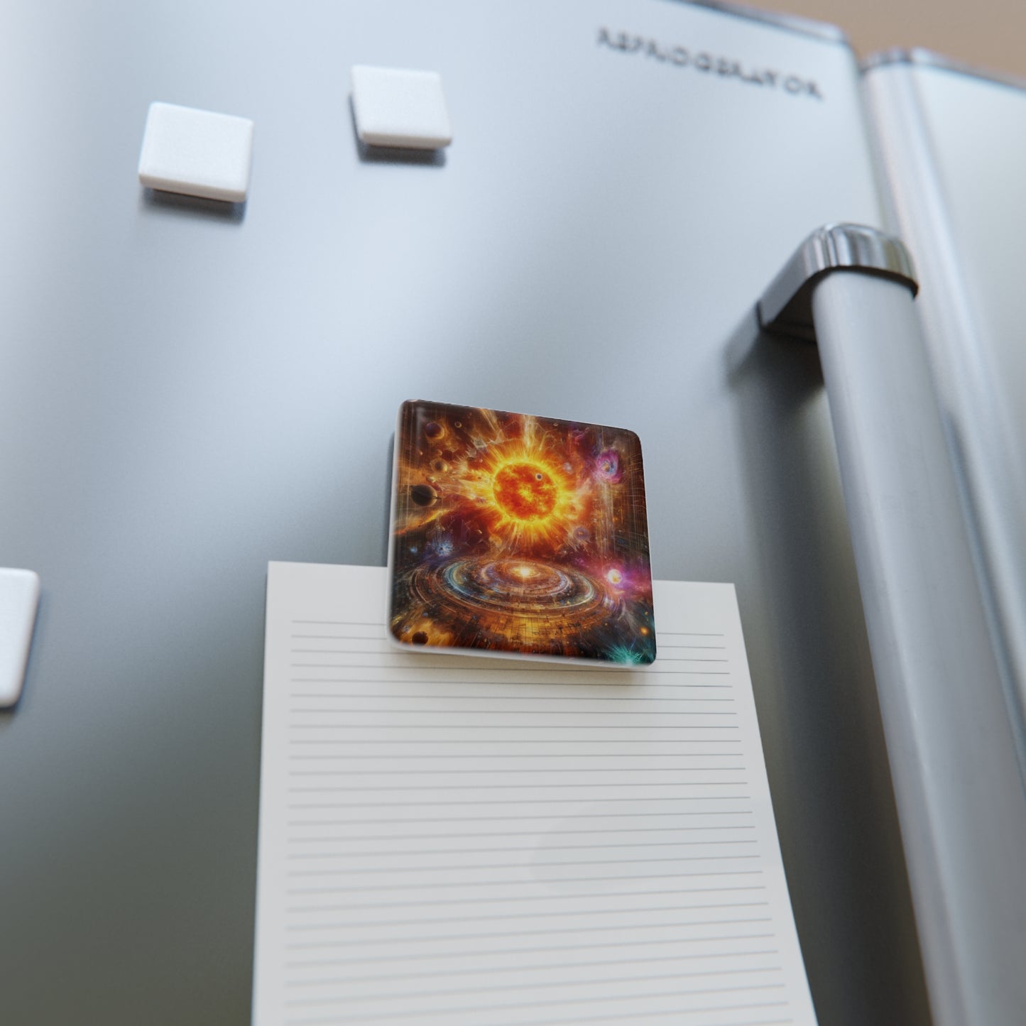 The Caged Sun Magnet securing a note on a refrigerator, blending functionality with artistic design.