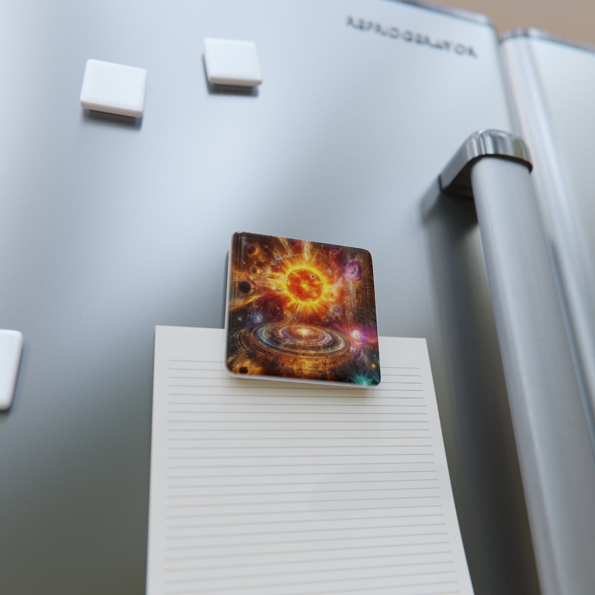 The Caged Sun Magnet securing a note on a refrigerator, blending functionality with artistic design.
