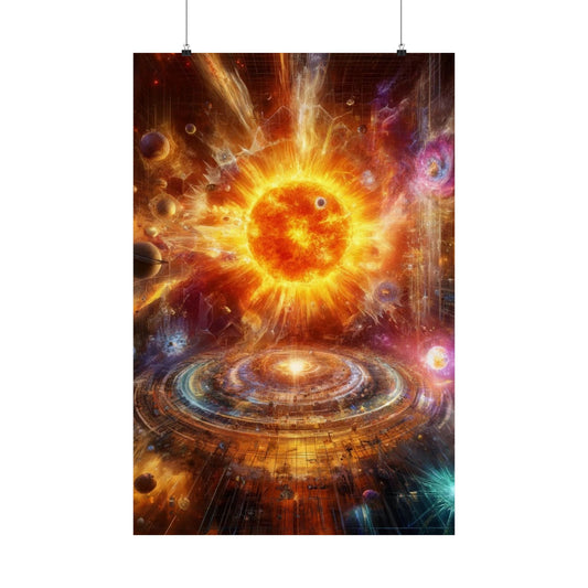 Caged Sun Poster – a striking celestial wall art piece symbolizing energy, freedom, and transformation.