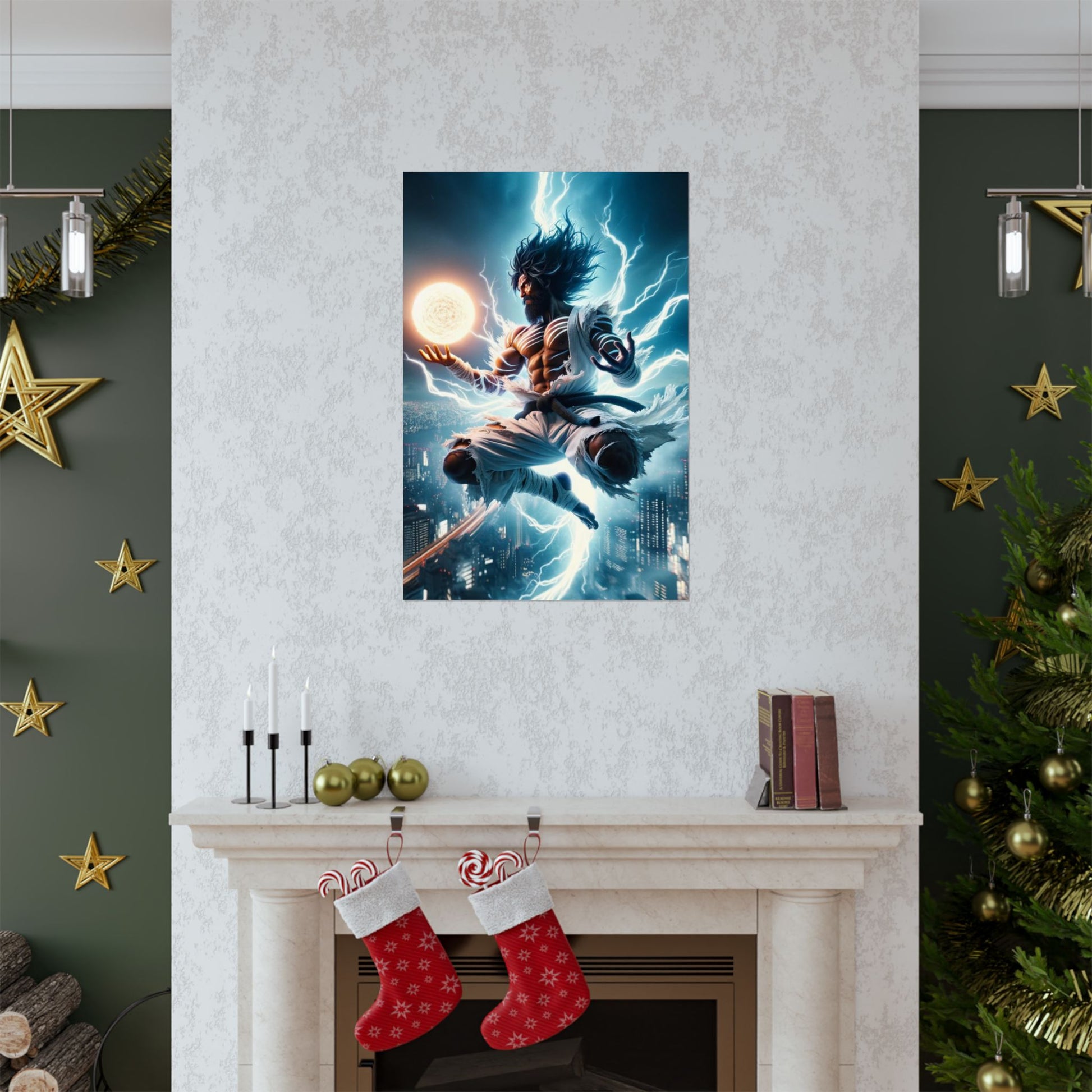 The Celestial Being Poster positioned above a fireplace, enhancing the space with celestial wisdom and ethereal beauty.