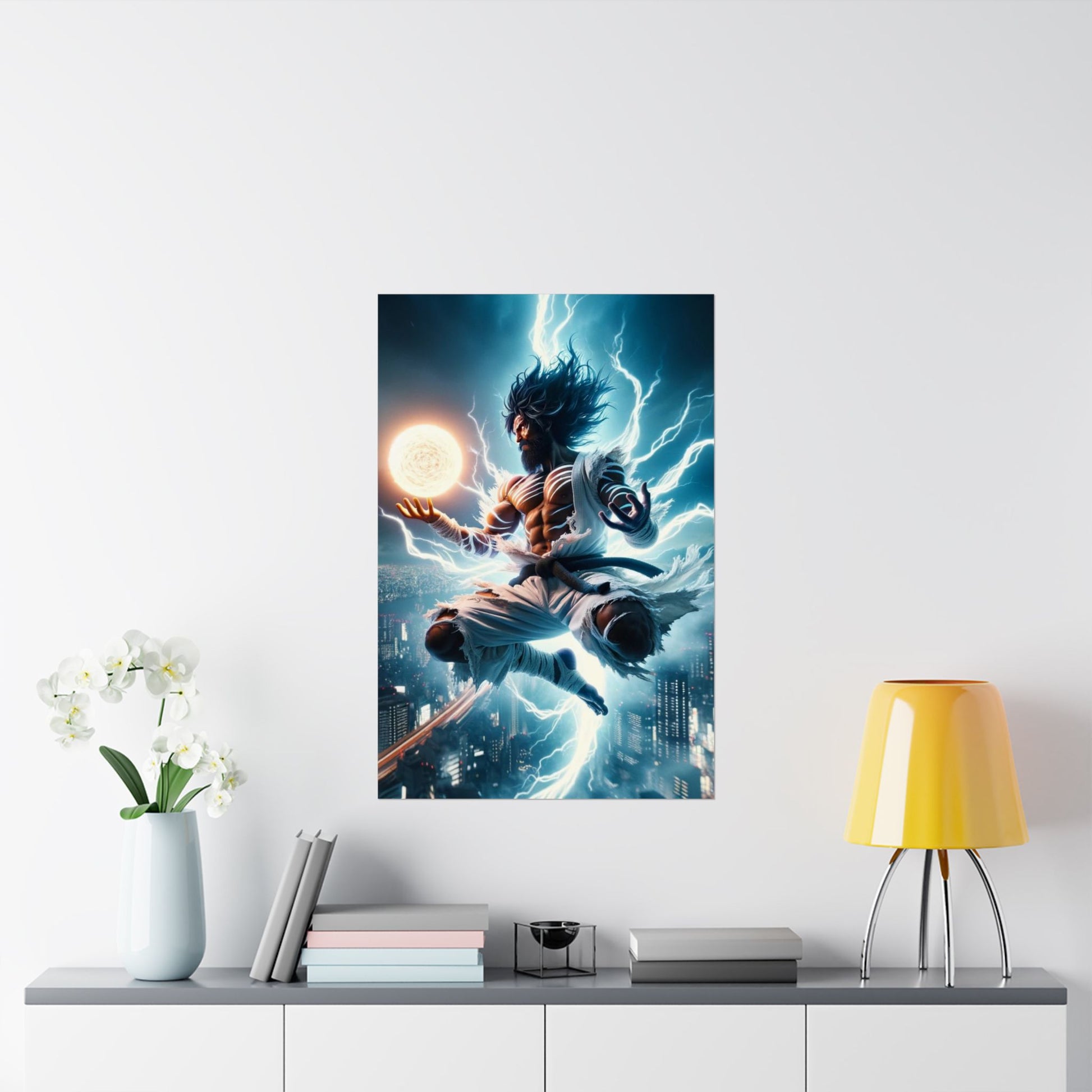 The Celestial Being Poster above a desk, fostering inspiration, creativity, and cosmic balance in a stylish home office setup.