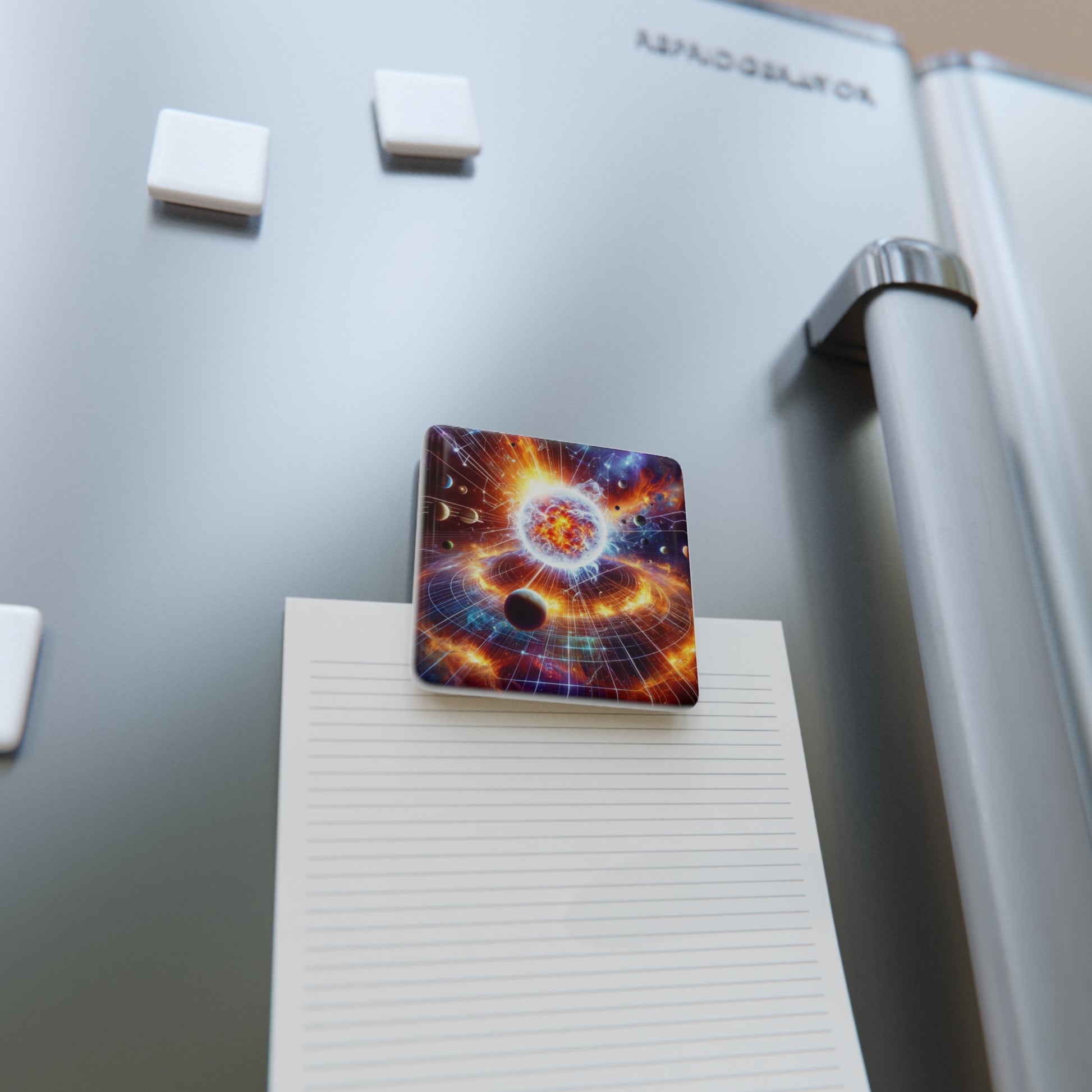 Celestial Fridge Magnet on a refrigerator, holding a note with a strong grip, perfect for reminders and decorations.