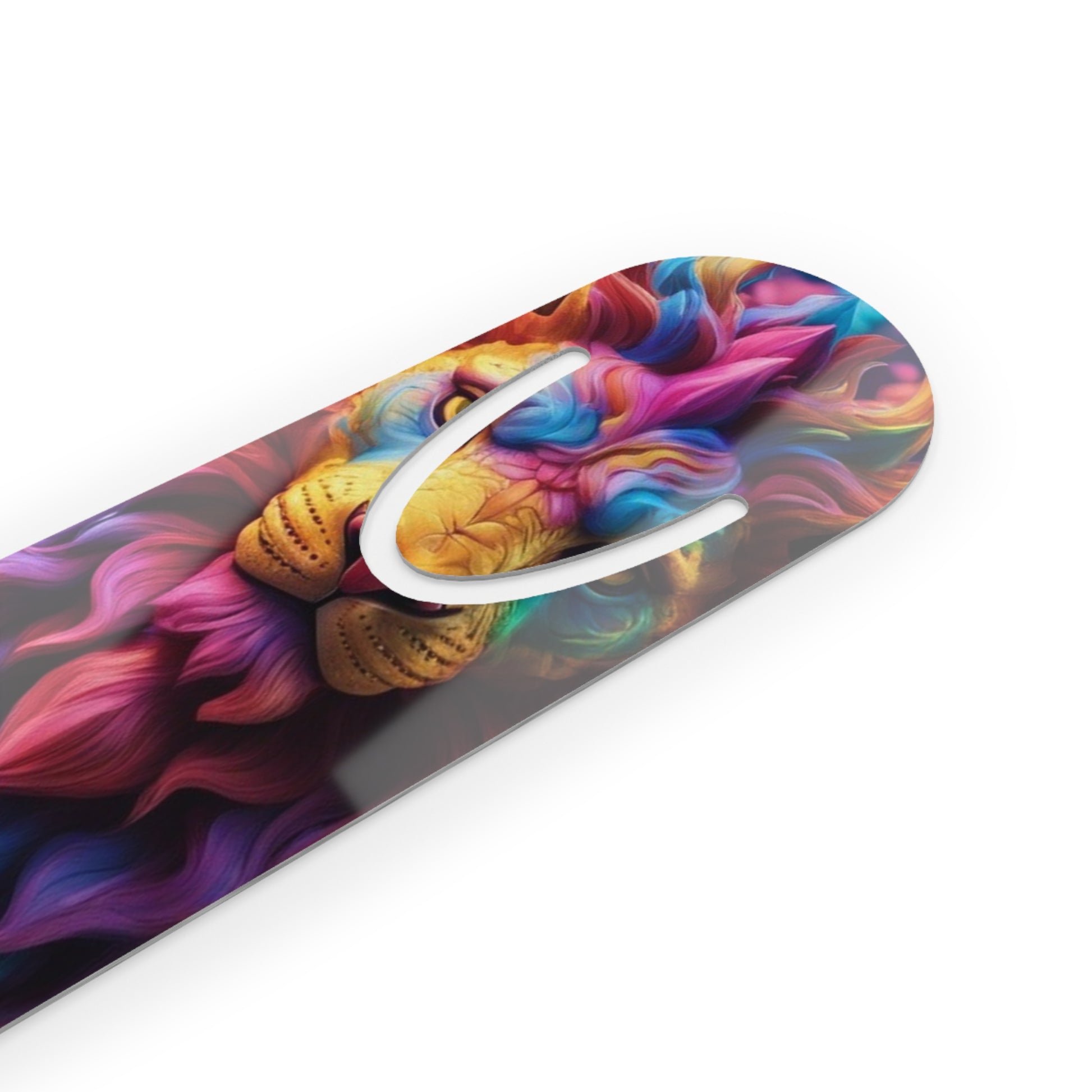 Colorful Lion Bookmark displayed at an angle, showcasing its artistic design and sleek metallic finish.