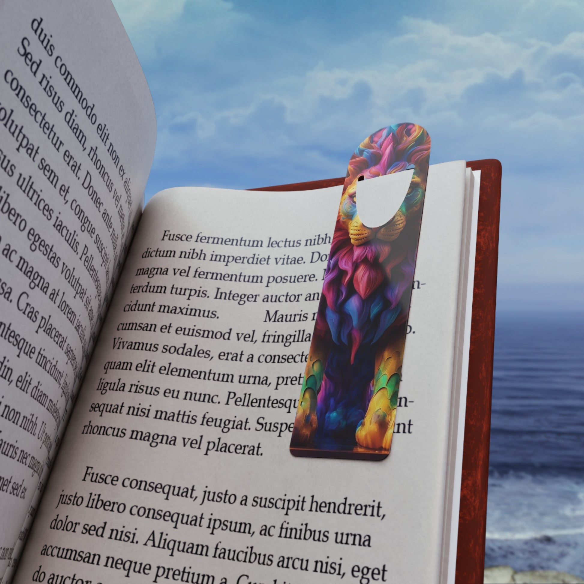 Colorful Lion Bookmark placed on an open book page, marking a reader’s spot in style.