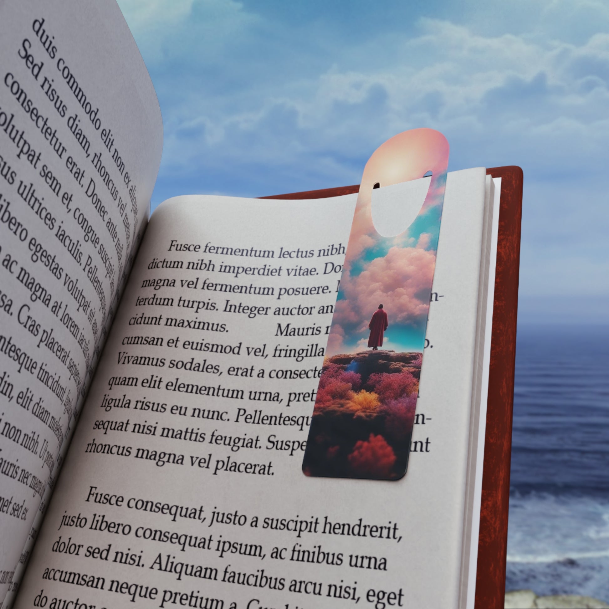 The Destiny Bookmark placed on an open book page, marking a reading journey with style and durability.
