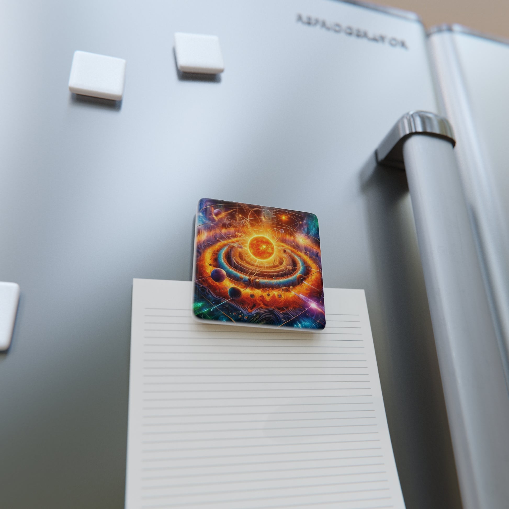 The Dimensional Sun Magnet securing a note on a refrigerator, a stylish and functional kitchen accessory.