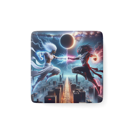 The Divine Duel II Magnet featuring bold, intricate artwork inspired by cosmic battles and spiritual themes.