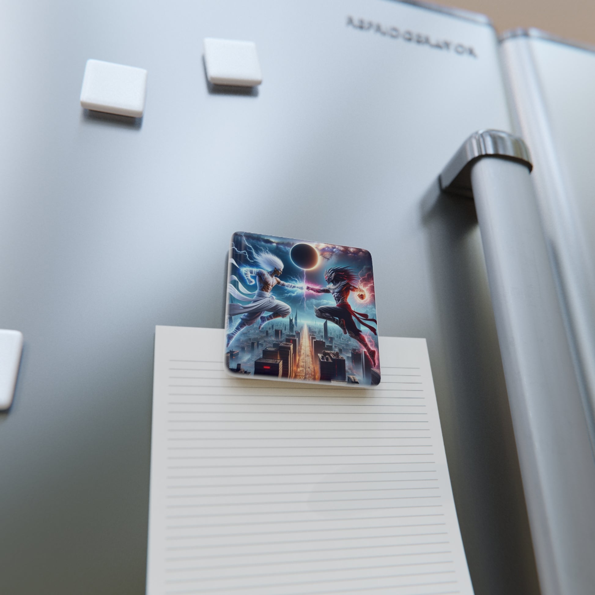 The Divine Duel II Magnet on a refrigerator holding a note—perfect for decorating and organizing with style.