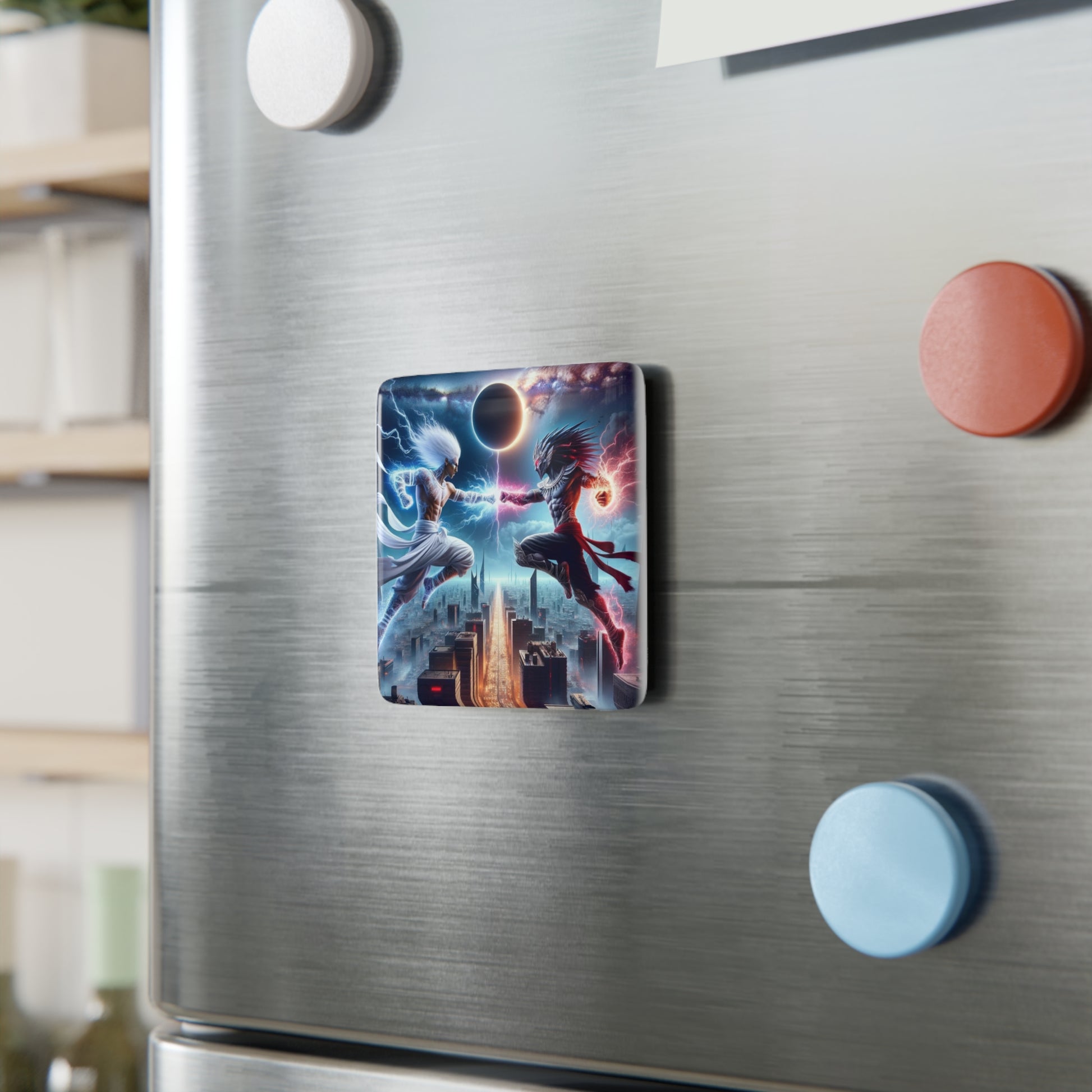 The Divine Duel II Magnet securely attached to a metallic surface, adding a touch of inspiration and artistry.