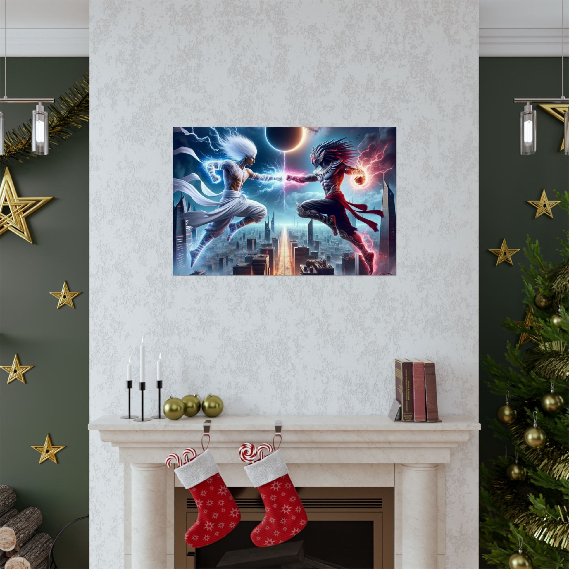 The Divine Duel II Poster positioned above a fireplace, enhancing the room with its dynamic energy and spiritual intensity.