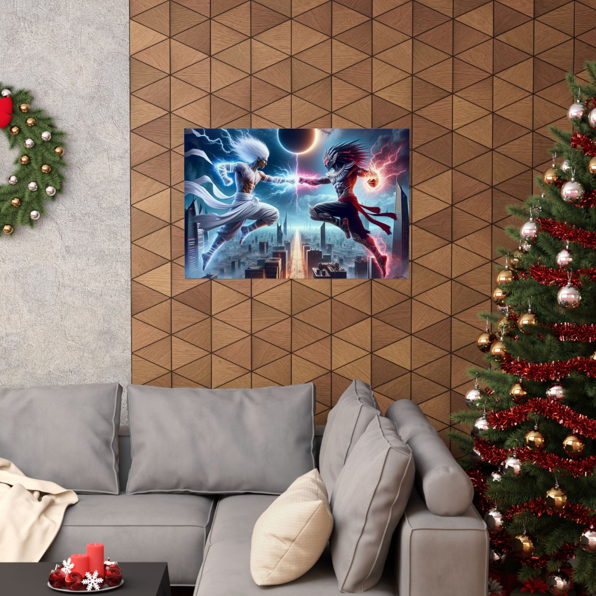 The Divine Duel II Poster displayed above a couch, adding an intense and thought-provoking touch to modern living room decor.