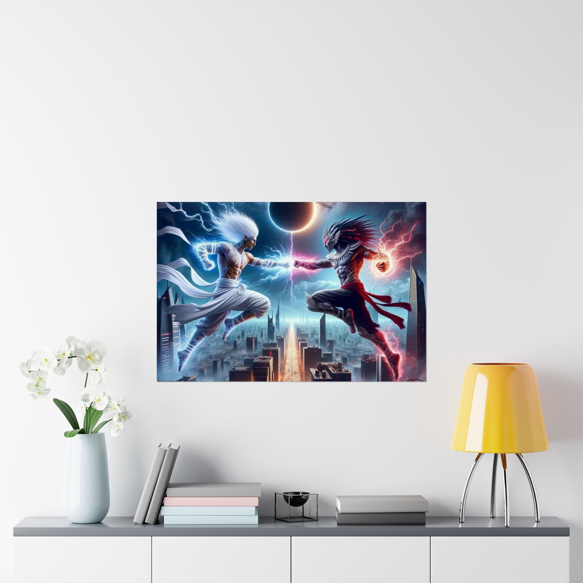 The Divine Duel II Poster above a desk, sparking deep contemplation and inspiration in a stylish home office setup.