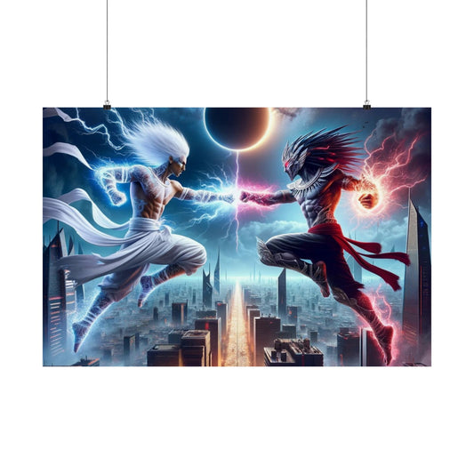 The Divine Duel II Poster – a striking spiritual battle-themed wall art piece, perfect for home or office decor.