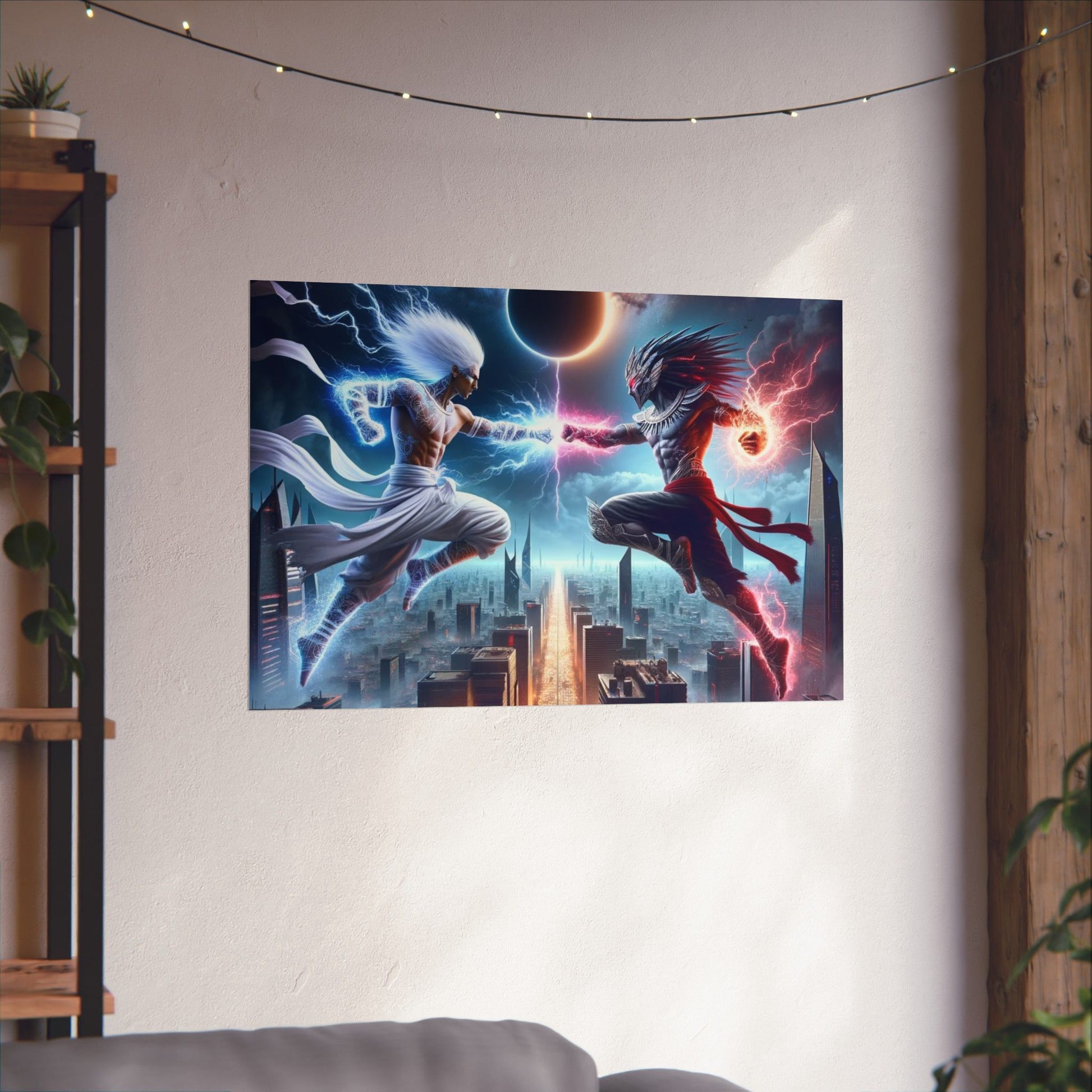 The Divine Duel II Poster hung on a neutral wall, showcasing its dramatic and symbolic artwork as a statement decor piece.
