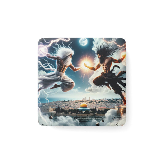 The Divine Duel III Magnet featuring intricate fantasy battle artwork, perfect for collectors and decor.