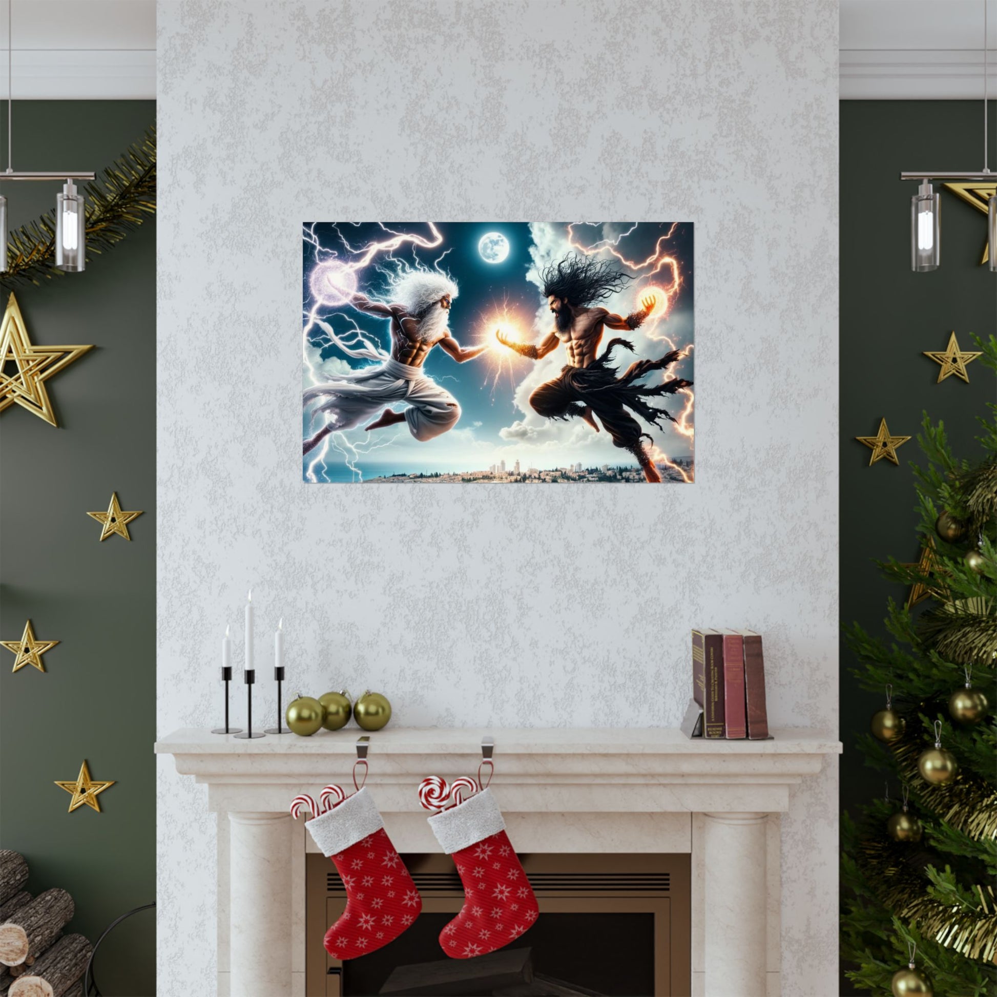 The Divine Duel III Poster positioned above a fireplace, enhancing the space with its bold, warrior-inspired energy.