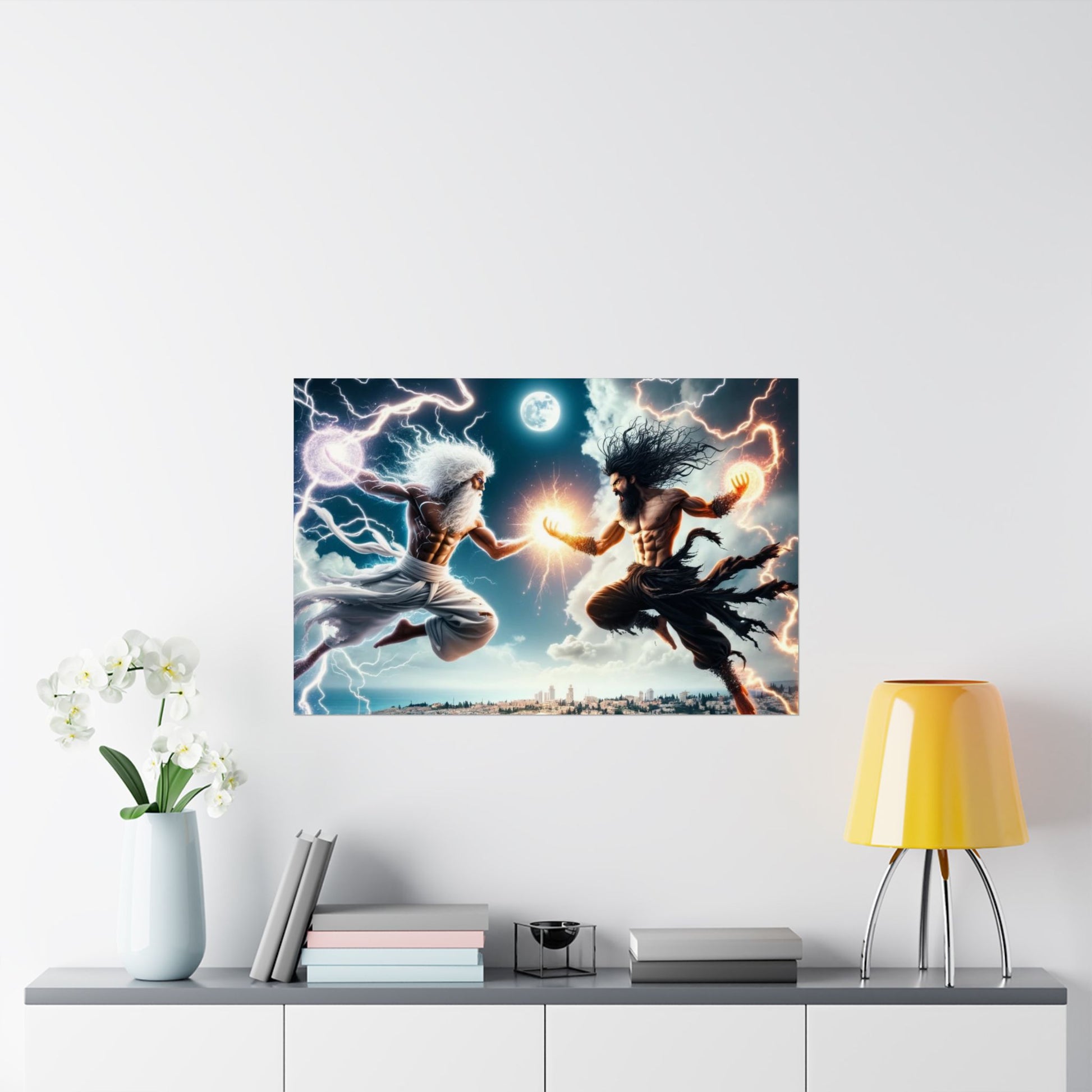 The Divine Duel III Poster above a desk, inspiring strength and determination in a stylish home office setting.