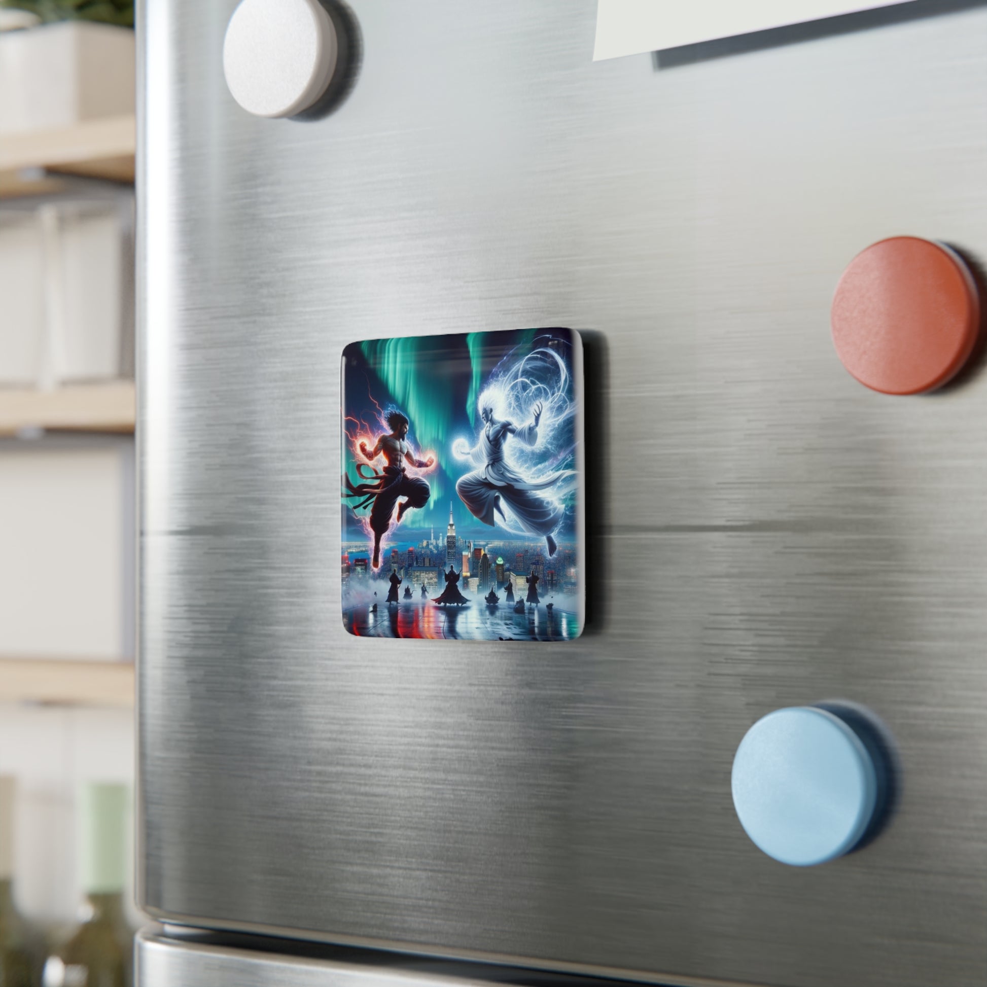 The Divine Duel Magnet firmly attached to a metallic surface, adding artistic and functional appeal.