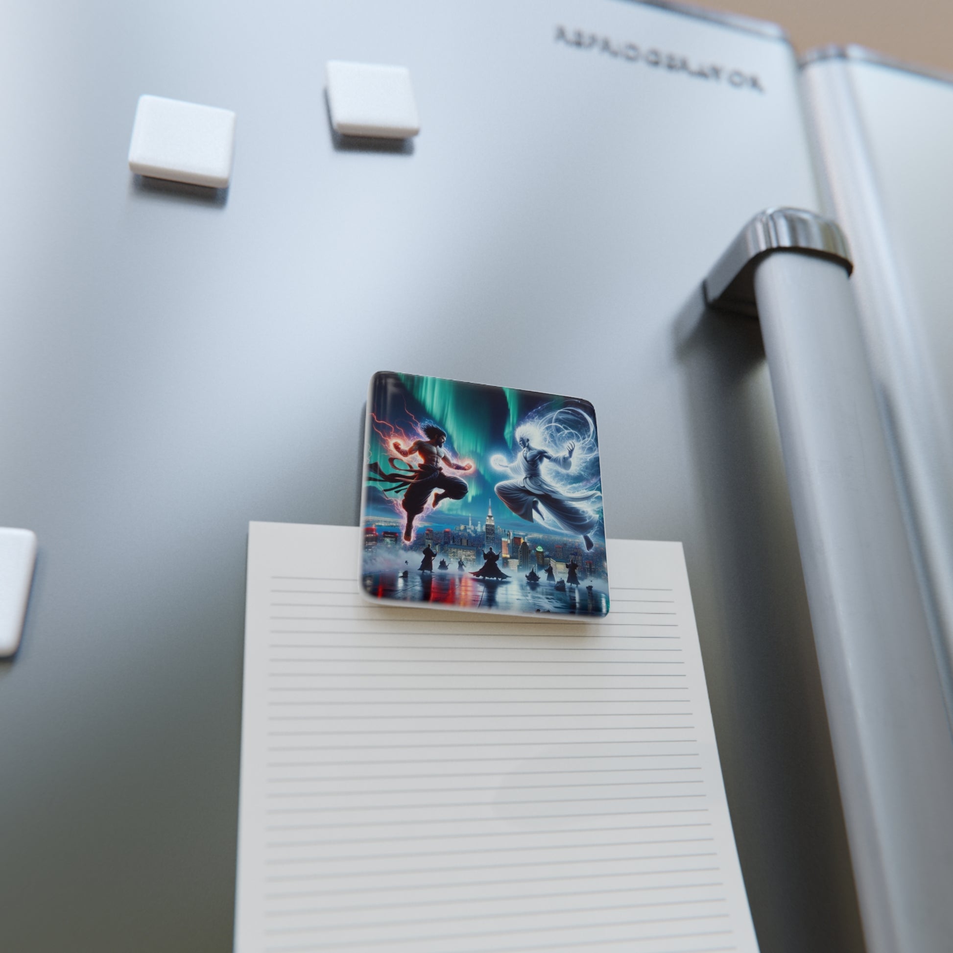 The Divine Duel Magnet on a refrigerator holding a note, blending fantasy art with everyday functionality.