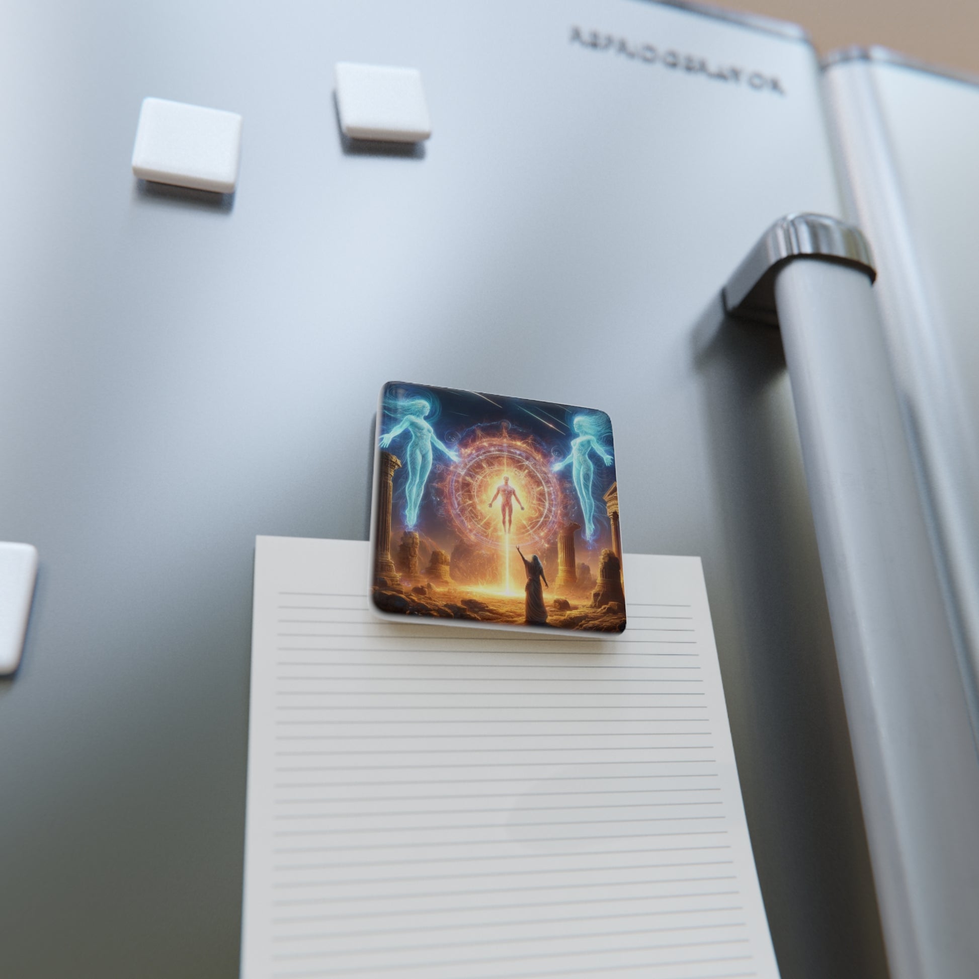 The Divine One Magnet on a refrigerator, securely holding a note while adding a touch of inspiration.