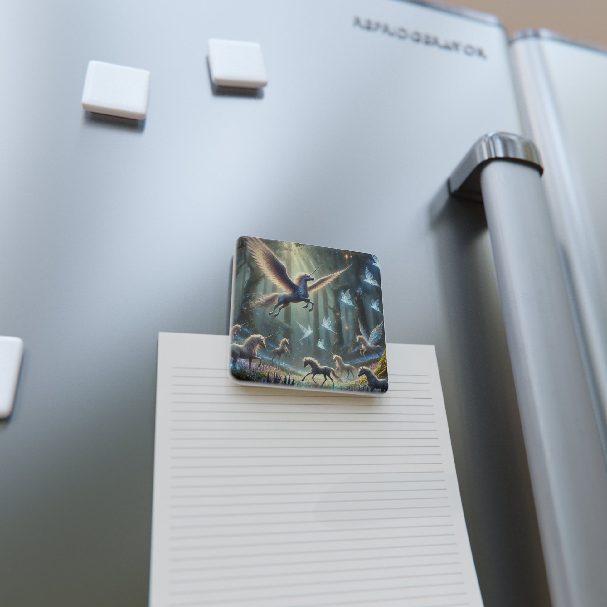 The Enchanted Unicorn Magnet holding a note on a refrigerator, a stylish and functional kitchen accessory.