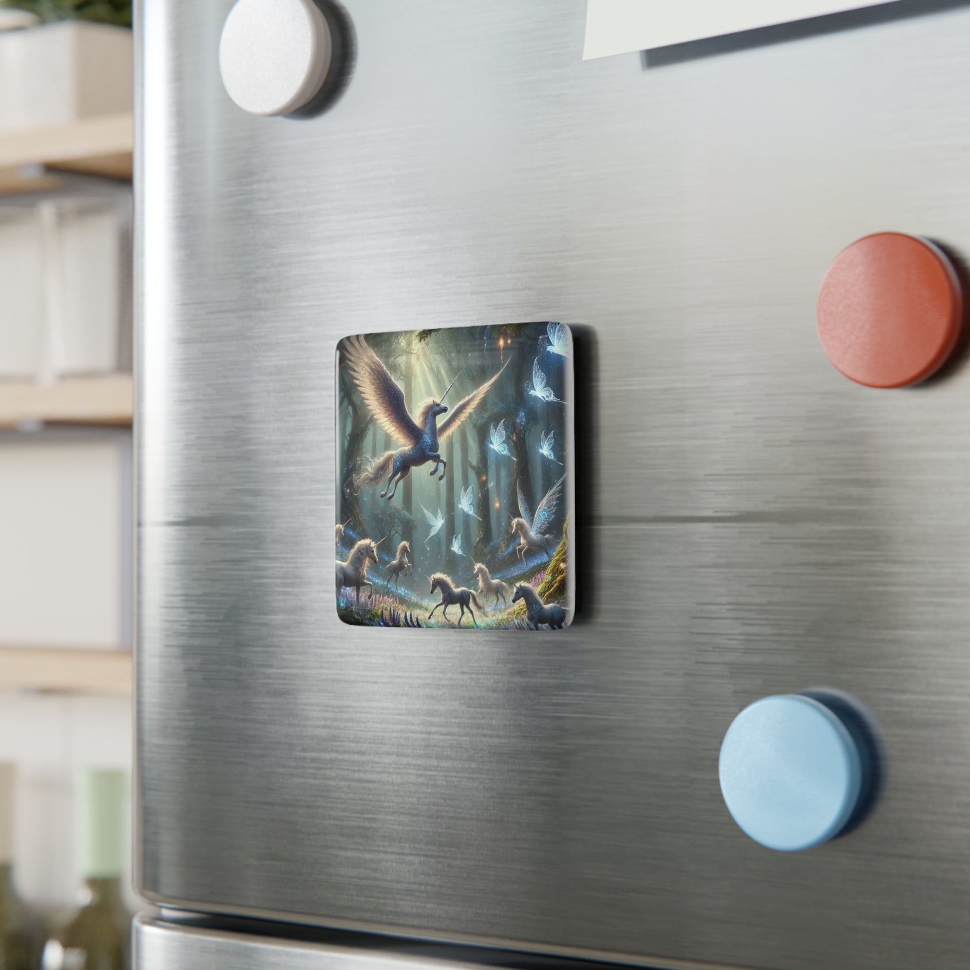 The Enchanted Unicorn Magnet securely attached to a metallic surface, adding a whimsical touch to any space.