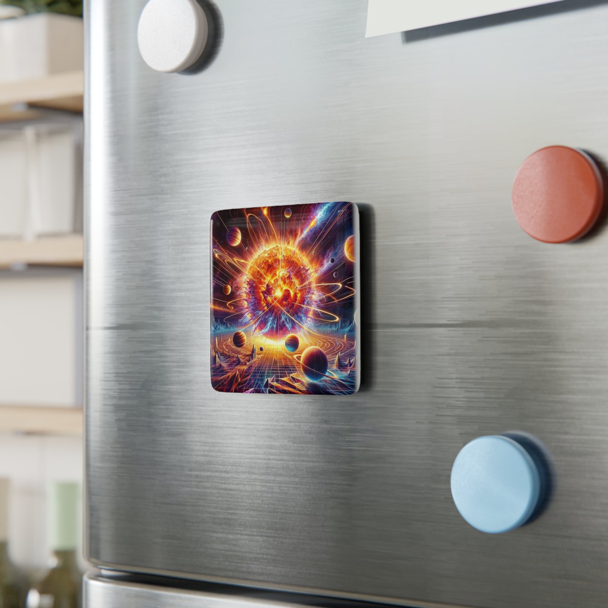 The Exploding Sun Magnet displayed on a metallic surface, adding cosmic energy to any space.