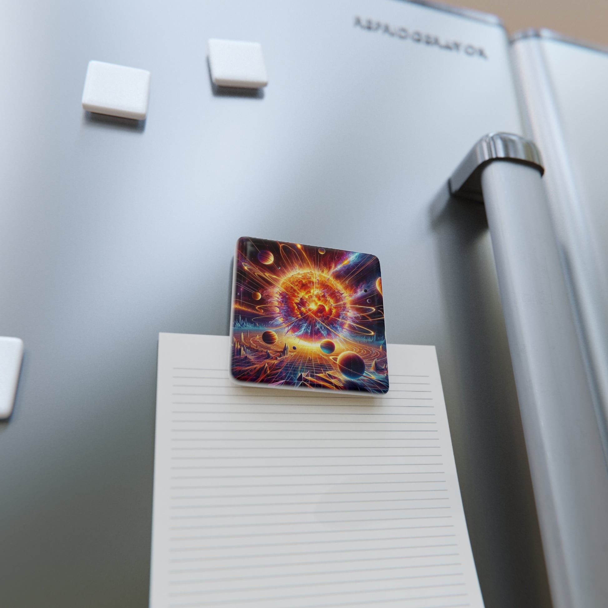 The Exploding Sun Magnet securely holding a note on a refrigerator, combining functionality with stunning space art.