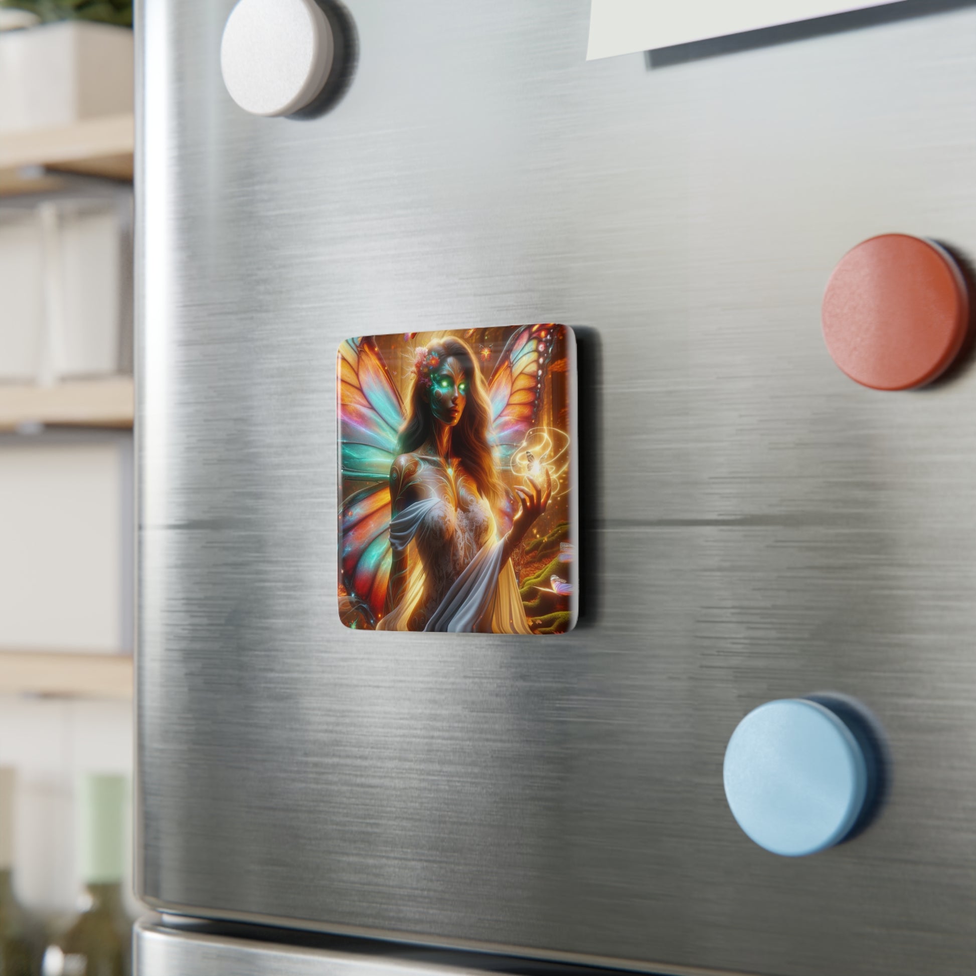 The Fairy Magnet attached to a metallic surface, showcasing its vibrant fantasy art and strong hold.