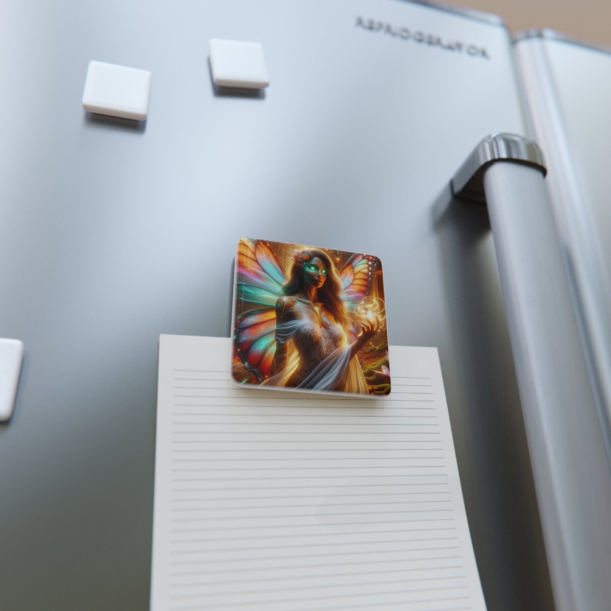 The Fairy Magnet on a refrigerator holding a note, adding a touch of whimsical charm to kitchen decor.