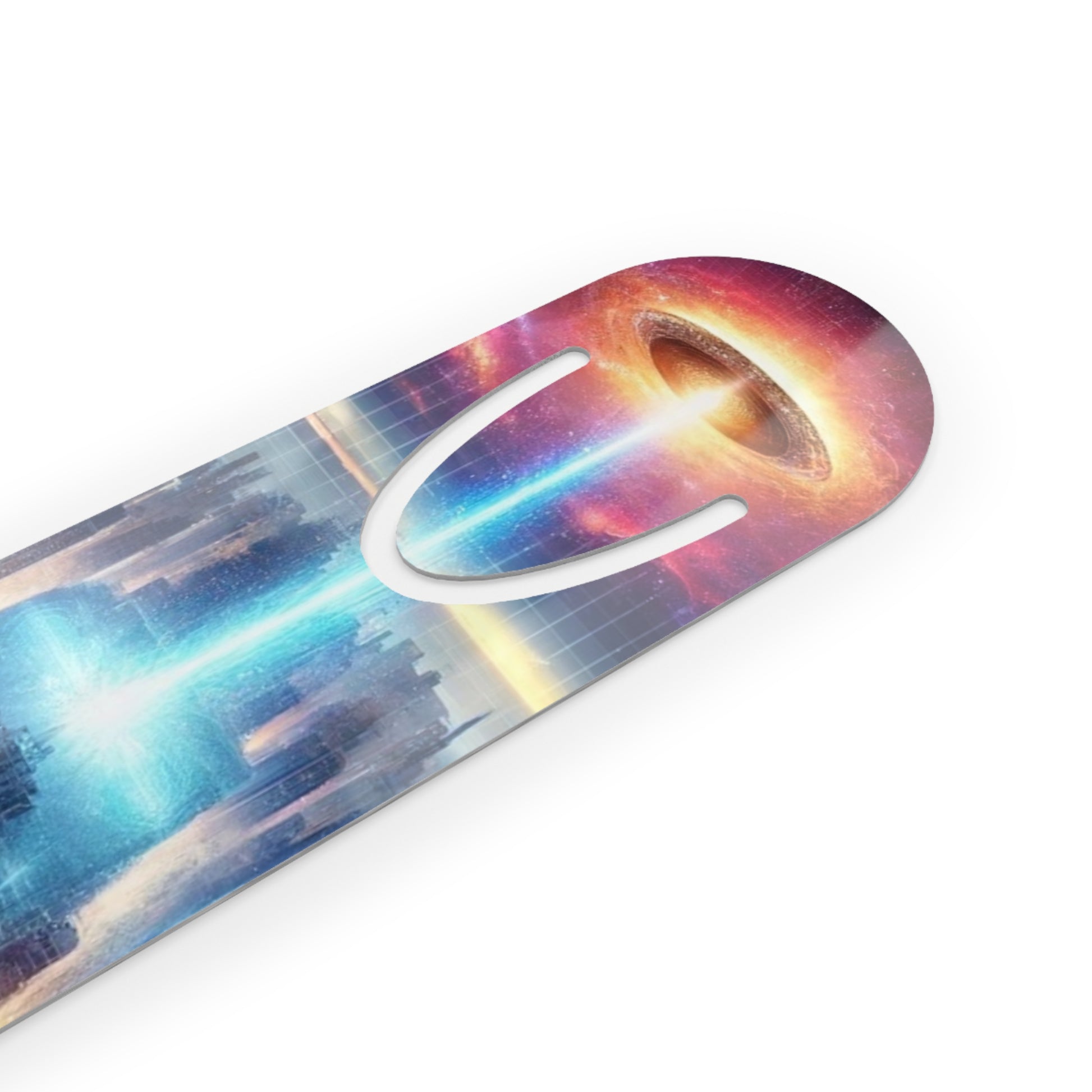 Galactic Event Bookmark displayed at an angle, showcasing sleek design and cosmic artwork.