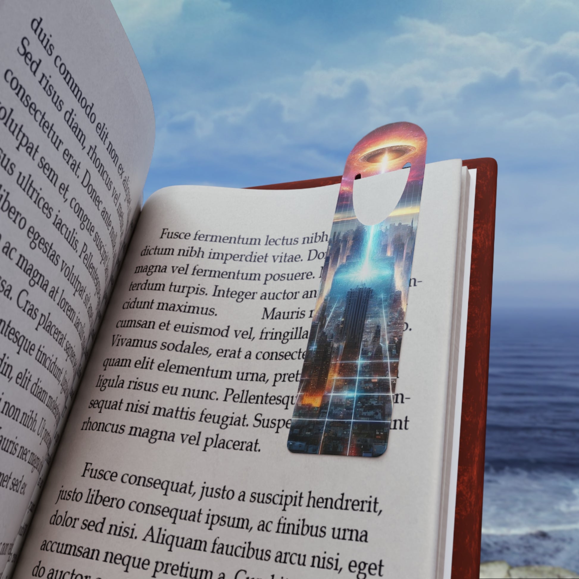 Galactic Event Bookmark placed on a book page, marking reading spots with celestial elegance.