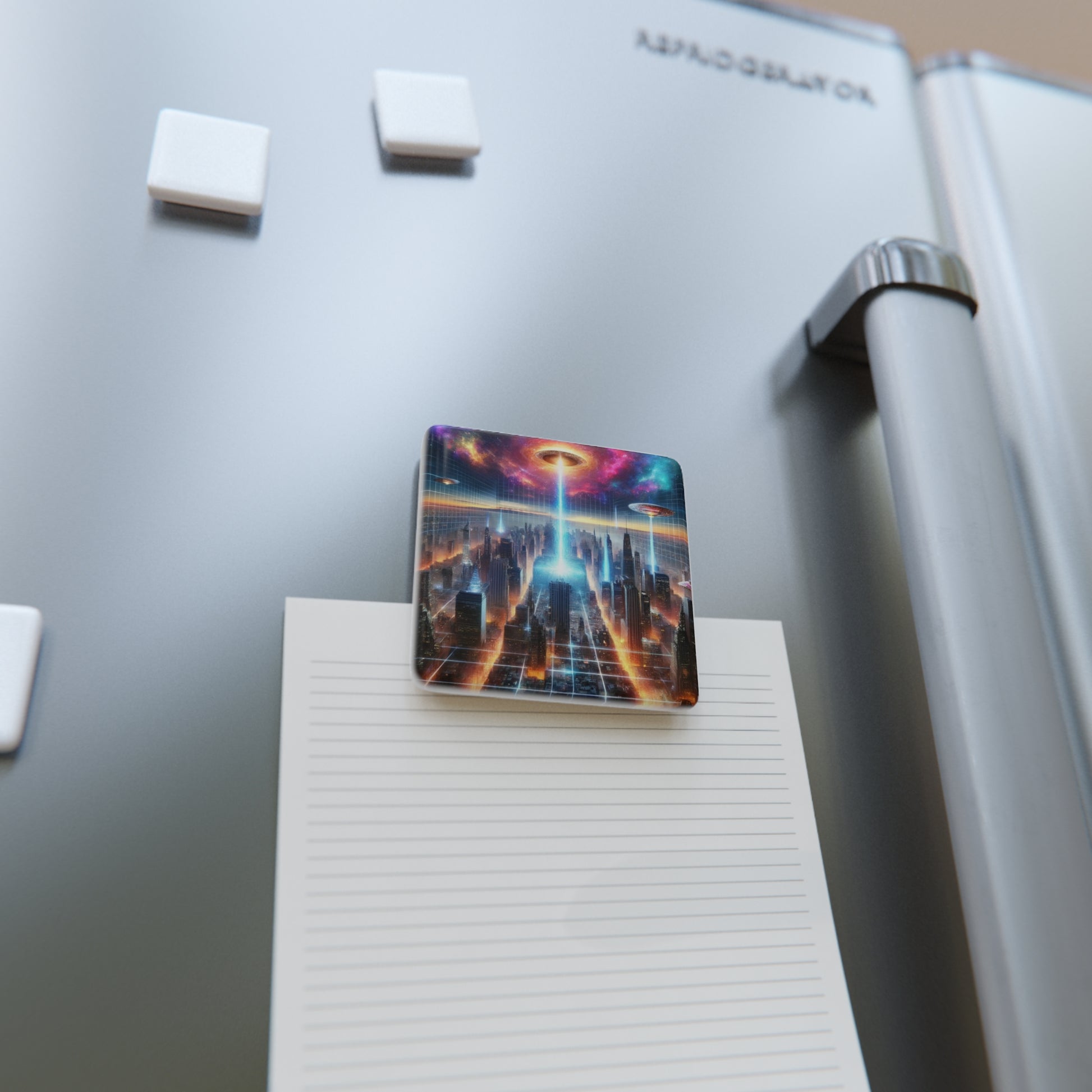 The Galactic Event Magnet securing a note on a refrigerator, combining functionality with cosmic-inspired decor.